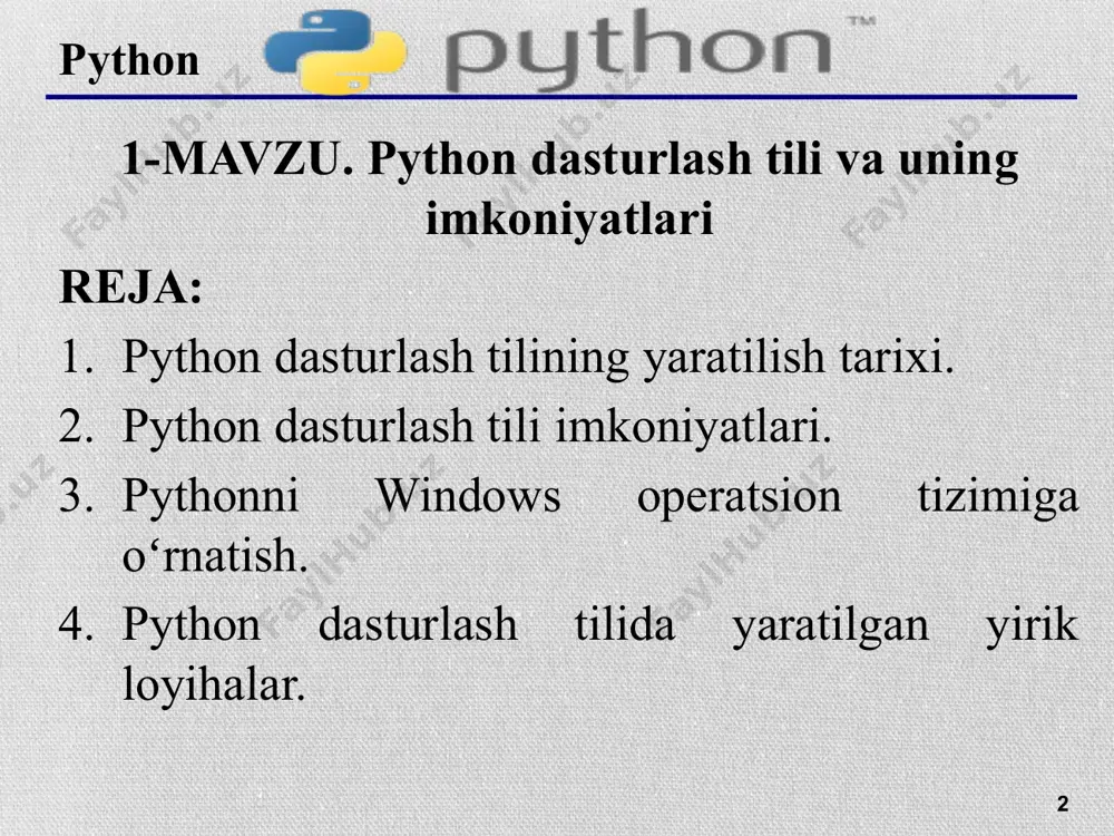 italari paydo bo`ldi. 7 8 python tili shunday qilib pythonning 1.0 versiyasi 1994-yil chiqarilgan bo`lsa, 2.0 versiyasi 2000- yil, 3.0 versiyasi esa 2008-yil ishlab chiqarildi. hozirgi vaqtda uchinchi versiyasi keng qo`llanilmoqda. 8 9 python tili python bu umumiy maqsadli dasturlash uchun keng tarzda foydalaniladigan yuqori darajali dasturlash tili, chunki o'rganish oson va qulay sintaksisga ega. undan tashqari skriptli dasturlash tillariga kiradi. python dinamik tipizatsiyaga ega obyektga yo'naltirilgan dasturlash(oyd) funksional dasturlash strukturali avtomatik xotirani boshqarish ko'p patokli dasturlash tillaridan biri. python har xil platformalar uchun yozilgan masalan windows, linux, mac osx, palm os, mac os va hokazo. python microsoft.net platformasi uchun yozilgan realizatsiyasi ham bor uni nomi ironpython. 9 python tili bugungi kunda dunyoga mashhur ko`plab kompaniyalar nasa, google, yandex, cern, apple computer, dream works, kosmik teleskop institutlari pythonni ishlatishadi. dunyoning rivojlangan mamlakatlari aqsh (koliforniya universiteti, florida universiteti, lova universiteti, massachustva texnologiya universiteti), kanada (toronto universiteti, alberto universiteti), buyuk britaniya (oksford …