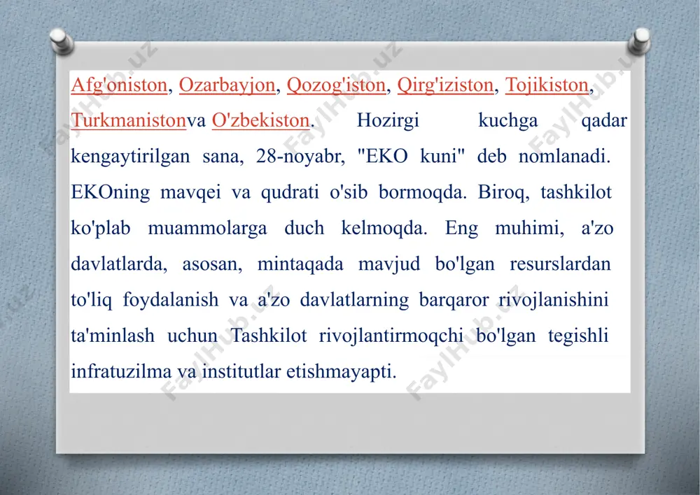 mkoniyatlaridan to‘liq foydalanish zarur. qabul qilingan “iht istiqbollari–2025” konseptual dasturi asosida, mamlakatlarimiz o‘rtasida savdo-iqtisodiy va investitsiya aloqalarini yanada kengaytirish va eng muhimi, amaliy natijadorlikka erishish maqsadga muvofiqdir,–dedi o‘zbekiston prezidenti. shu munosabat bilan tashkilot doirasida yangilangan va keng qamrovli savdo bitimini ishlab chiqish va qabul qilish taklif qilindi. mazkur hujjatda savdo to‘siqlarini bartaraf etish, bojxona tartiblarini raqamlashtirish, hamda hozirgi vaqtda dolzarbligi tobora oshayotgan elektron savdoni keng tadbiq etish masalalari o‘z ifodasini topishi zarur. mamlakatlarimizda o‘zaro sarmoyalar oqimini ko‘paytirish va ularni ishonchli himoya qilish, sanoat kooperatsiyasini chuqurlashtirishga qaratilgan qo‘shma harakatlar dasturini qabul qilish bugungi kun talabi ekani ta’kidlandi. o‘zaro savdo hajmlarini oshirish, mintaqaviy ahamiyatga ega loyihalarni ishlab chiqish va mamlakatlarimiz iqtisodiyotlarining jahon bozoridagi raqobatbardoshligini kuchaytirish lozimligi ko‘rsatib o‘tildi. xalqaro energetika agentligi xalqaro tashkilotlar faoliyati va tahlili xalqaro energetika agentligi 2018 yilgi jahon energetikasi istiqbolini e'lon qildi -emissiyalarni qisqartirish maqsadlariga erishish yanada moslashuvchan energiya tizimini talab qiladi [china petroleum news centre 2019-02-13] 23 …