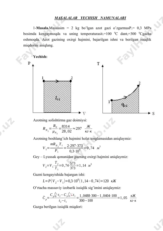 i va keyingi absalyut bosim: sharl qonuniga ko’ra: holat tenglamasidan vodorodning massasini aniqlaymiz: vodorod tomonidan olingan issiqlik miqdori: bu yerda: vodorodning izoxorik issiqlik sig’imi. izoxorik protsessda ish bajarilmaydi va l = 0 ga ko’ra vodorodning ichki energiyasining o’zgarishi: nazorat topshiriqlari massasi 2 kg bo’lgan gaz o’zgarmas 0,3 mpa bosimda kengaymoqda va uning temperaturasi t1 dan t2 gacha oshmoqda. gazning oxirgi hajmini, bajarilgan ishni va berilgan issiqlik miqdorini aniqlang. variant 1 2 3 4 5 6 7 8 9 10 t1, 0c 50 60 70 80 90 100 110 120 130 140 t2, 0c 260 270 280 290 300 310 320 330 340 350 gaz o2 havo co co2 so2 n2 o2 havo co co2 sig’imi v1 bo’lgan ballondagi gazning ortiqcha bosimi qizdirish natijasida 100 bar. dan 152 bar. gacha ortganda gaz tomonidan olingan issiqlik miqdorini, temperaturasi va ichki energiyasi o’zgarishini aniqlang. barometrik bosim r=750 mm.sim.ust. va boshlang’ich temperaturasi t1. variant …