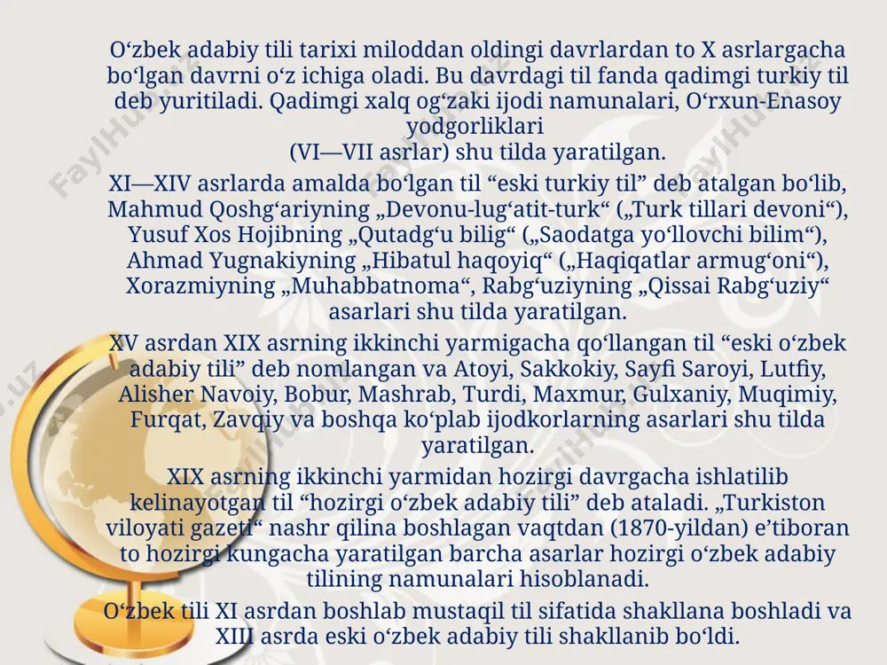 da oʻzbek tili maqomi huquqiy jihatdan mustahkamlandi. oʻzbek tili haqidagi qonun qabul qilinganidan soʻng barcha davlat hujjatlari oʻzbek tilida yuritila boshlandi, gazeta va jurnallarning oʻzbek tilida chop etilishi yoʻlga qoʻyildi. 1993-yil 2-sentabrda “lotin tiliga asoslangan oʻzbek alifbosini tuzish toʻgʻrisida”gi qonun qabul qilingandan soʻng, mamlakatimiz har tomonlama rivojlandi va jahon kommunikatsiya tizimidan munosib oʻrin egallashiga yoʻl ochdi. shu oʻrinda statistik maʼlumotlarga eʼtibor qaratsak: dunyoda 5600 dan ortiq tillar mavjud boʻlib, bundan 200 tasigina davlat tili sifatida qabul qilingan. ularning orasida oʻzbek tilining borligi uning naqadar sof, mukammal, purmaʼno va jozibadorligining yorqin dalilidir. oʻzbek tili turkiy tillar oilasiga mansub eng yirik tillardan biri hisoblanadi. til – millatning maʼnaviy boyligidir. til nafaqat muomala vositasi – balki xalqning madaniyati, urf-odati, uning turmush tarzi, tarixidir. tilni asrash, rivojlantirish – millatning yuksalishi demak. bosh qonunimizda ham davlat tilining maqomi huquqiy jihatdan mustahkamlab qoʻyilgan. hozirgi vaqtda yer yuzida oʻzbek tilida soʻzlashuvchilar soni qariyb 50 million kishini tashkil …