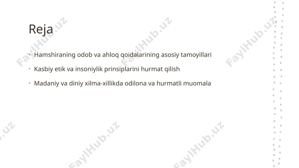 hurmat va sabr etnik va dini farqlarga qaramay, hurmat va sabr bilan muomala qilish, ishonch va hamkorlikni mustahkamlaydi. 04 insonparvarlik tamoyili hamshira insonparvarlik tamoyilini amalga oshirib, har bir bemorga shaxsiy yondashuv va hurmat bilan xizmat qiladi. kasbiy etik va insoniylik prinsiplarining hamshira amaliyotidagi muhimligi 1 etik qoidalarining ahamiyati hamshira uchun kasbiy etik qoidalar, ishonch va professionallikni ta'minlaydi, bemorlar bilan muomala sifatini oshiradi va jamiyatda hurmatga sazovor bo'ladi. 2 insonparvarlik mezonlari insonparvarlik tamoyili, hamshiraga bemorlarning insoniy qadriyatlarini hurmat qilishni va ularning ehtiyojlariga empatiya bilan yondashishni ta'minlaydi. 3 mas'uliyat va ishonch hamshira o'z vazifalarini mas'uliyat bilan bajarishi, bemorlarning salomatligi va xavfsizligini ta'minlaydi, professional etika esa ishonchni mustahkamlaydi. 4 etika va madaniyat integratsiyasi kasbiy etik va insoniylik prinsiplarini madaniyat va dini xilma-xillikka moslashtirish, muomala sifatini yaxshilaydi va hamkorlikni rivojlantiradi. hamshiraning insoniylik va etik qadriyatlarni saqlashdagi roli insoniylikni saqlash hamshira insoniylik va mehr-muhabbatni saqlash bilan bemorga ishonch va xavfsizlik muhiti yaratadi, shuningdek, psixologik yordam …