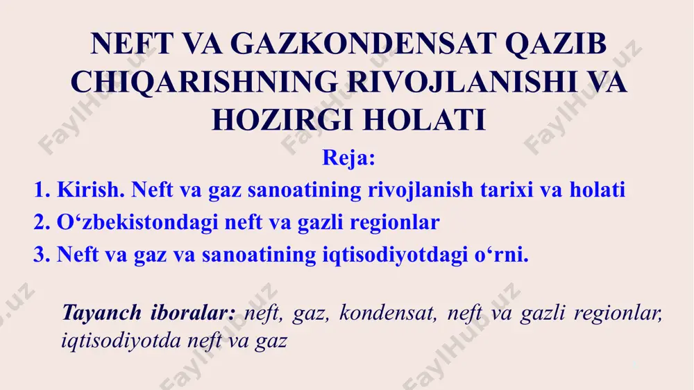 daryo, qo‘shtor, mirshodi konlari ochildi. g‘arbiy o‘zbyokistonda qidiruv-izlash ishlari 1949 yilda boshlanib. setalantepa, toshquduq, jarkoq, saritosh, qorovulbozor kabi bir kator konlar ochildi. undan keyingi yillarda sho‘rtan, shimoliy va g‘arbiy muborak, zevarda, pomuq, alan gaz konlari, shimoliy o‘rtabuloq, quruq, umid, ko‘kdumaloq kabi neft konlari ochildi. hozirgi kunda bu konlar respublikada qazib olinadigan neftning 80%dan ko‘prog‘ini ta’minlaydi. 5 g‘arbiy o‘zbekiston va ustyurt platosida ochilgan gazli. shaxpaxta, uchqir, urga va shu kabi bir qator konlarning ham salmog‘ini alohida ta’kidlash lozim. mustaqillikka erishilgandan beri respublikamizda neft va gaz sanoati rivojlanishiga alohida e’tibor berilib, yoqilg‘i ta’minoti mustaqilligiga erishildi. ya’ni oxirgi yillarda chetdan neft import qilish kamaydi. mustaqilligimiz yillarida respublikamizda neft va gaz sanoatining rivojlanishini quyidagi jadvaldan ko‘rish mumkin. 6 yillar gaz (mln.m3) neft (ming.t) kondensat (ming.t) neft+kondensat (ming.t) 1965 16474 1798 0 1798 1966 22566 1720 0 1720 1967 26638 1668 87 1755 1968 28988 1679 168 1847 1969 30769 1592 206 1798 1970 32094 …
