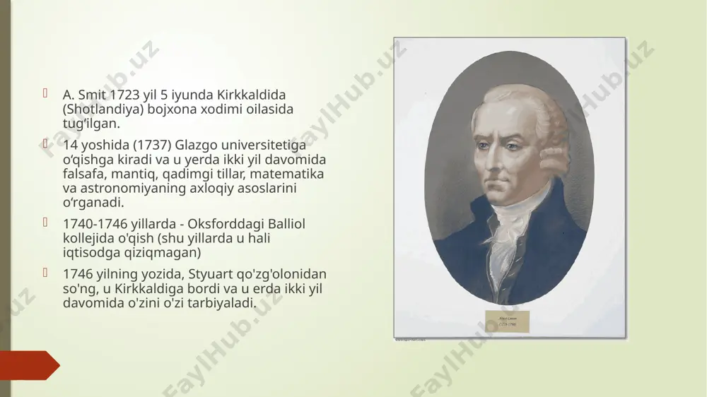 b keladigan foyda olish orqali iqtisodiyotning mukammalligini anglatadi. raqobat mexanizmlari orqali taraqqiyotga ichki istak uyg'onadi. shaxslarning shaxsiy manfaatlarga intilishi, shaxsning niyatisiz, umumiy taraqqiyotga yordam beradi. ko'rinmas qo'l. adam smit va xalqlar boyligi adam smit o'zining "xalqlar boyligi" asarining asosiy g'oyasini frantsuz fiziokratlaridan insonning qobiliyatlari va qobiliyatlari o'zgarmas, tabiiy axloqiy va jismoniy qonunlar bilan belgilanishini oldi. uning asosiy postulatlari quyidagilardan iborat: tabiiy qonunlar, agar to'liq "bo'shatib qo'ysa", eng yaxshi jamiyatni yaratadi; shaxsning ma'rifatli egoizmi pirovard natijada jamiyat uchun foydalidir; tug'ilgandan boshlab hamma odamlar tengdir. smit bozor iqtisodiyoti tamoyillarini ta'riflagan birinchi olimdir. u har bir tadbirkor o‘zining shaxsiy va shaxsiy manfaatlariga erishishga intilishini keskin ta’kidladi. biroq, pirovardida, bu ma'lum bir tadbirkor bu haqda o'ylamagan yoki xohlamagan bo'lsa ham, butun jamiyatga foyda keltiradi. smit xo'jalik yurituvchi sub'ektlar faoliyatining asosiga aylanishi kerak bo'lgan iqtisodiy erkinliklarni bu natijaga erishishning asosiy sharti deb atagan. raqobat, qaror qabul qilish va faoliyat sohasini tanlashda ham erkinlik bo'lishi kerak. …