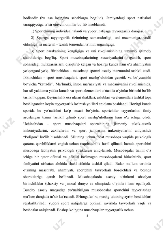 musobaqa faoliyatini psixologik strukturasi aniq-lanadi. musobaqalar tizimi o‘z ichiga bir qator ofitsial va ofitsial bo‘lmagan musobaqalarni birlashtirib, sport faoliyatini nisbatan alohida shakl sifatida tashkil qiladi. bular ma’lum tartibda o‘zining masshtabi, ahamiyati, sportchini tayyorlash bosqichlari va boshqa sharoitlariga qarab bo‘linadi. musobaqalarda asosiy o‘rinlarni absolyut birinchiliklar (shaxsiy va jamoa) dunyo va olimpiada o‘yinlari ham egallaydi. bunday asosiy maqsadga yo‘naltirilgan musobaqalar sportchini tayyorlashga ma’lum darajada ta’sir ko‘rsatadi. shunga ko‘ra, mashg‘ulotning ayrim boskichlari rejalashtiriladi, yuqori sport natijalarga optimal ravishda tayyorlash vaqti va boshqalar aniqlanadi. boshqa ko‘pgina musobaqalar tayyorgarlik uchun o‘tkaziladi. sport mashg‘ulotlarini umumiy vaqtidan 10-15% musobaqa vaqtini aniqlaydi. musobaqa faoliyati - bu tartiblashtirilgan raqobat bo‘lib, o‘z qobiliyatini ob’ektiv ravishda solishtirish va maksimal darajada natija ko‘rsatilishini ta’minlash hamda tartibga solishdir. bu bir qancha maxsus xususiyatlarga ega: 1. musobaqa tizimida raqobatni oshib borish darajasiga qarab hamda yutuqqa bo‘lgan talabga nisbatan (dastlabki va ofitsial musobaqalarda) faoliyatini tashkil qilishga. 2. musobaqa o‘tkaziladigan vositalarni amalga kiritishda sportchini faoliyati, shart-sharoiti …