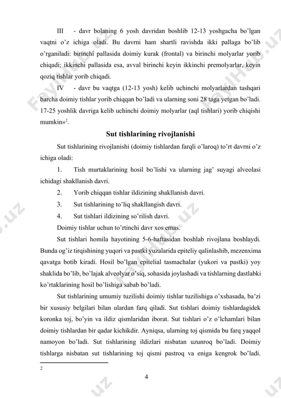 iga kengrok bo’ladi. maʼlumotlarga qaraganda, “doimiy tishlarda toj qismi o’lchamining umumiy tish o’lchamiga nisbati 1:1,33 ni hosil qilsa, sut tishlarida bu ko’rsatkich 1:1,66 ga tengdir. doimiy tishlarda toj qismiiing kengligi, tish umumiy o’lchamining 1:3,2 qismini, sut tishlarida bu nisbat 1:2 ni tashkil qiladi. sut tishlari doimiy tishlardan o’ziga xos oqish-ko’kimtir rangi bilan farq qiladi. sut tishlarining o’ziga xos belgilaridan biri-toj qisminnng ildizga o’tish sohasidagi emaliing qalinlashib, bolishsimon shaklni olishidir”[footnoteref:3]. bu ayniqsa chaynov tishlarida yaqqol namoyon bo’ladi. [3: ] sut tishlarining bo’shlig’i doimiy tishlarnikidan kengroq bo’ladi. tish pulpasining shoxlari o’tkirlashib, tishning kesuvchi yoki chaynov yuzasiga keskin yaqinlashadi. “shunday qilib, 2,5-3 yashar bolaning og’iz bo’shlig’ida sut tishlar qatori to’liq shakllanadi va ular quyidagi klinik tish formulasi yordamida ifodalanadi: v iv iii ii i i ii iii iv v v iv iii ii i i ii iii iv v bundan ko’rinib turibdiki, sut tishlari klinik formulada doimiy tishlardan farqli o’laroq, arab raqamlari bilan …