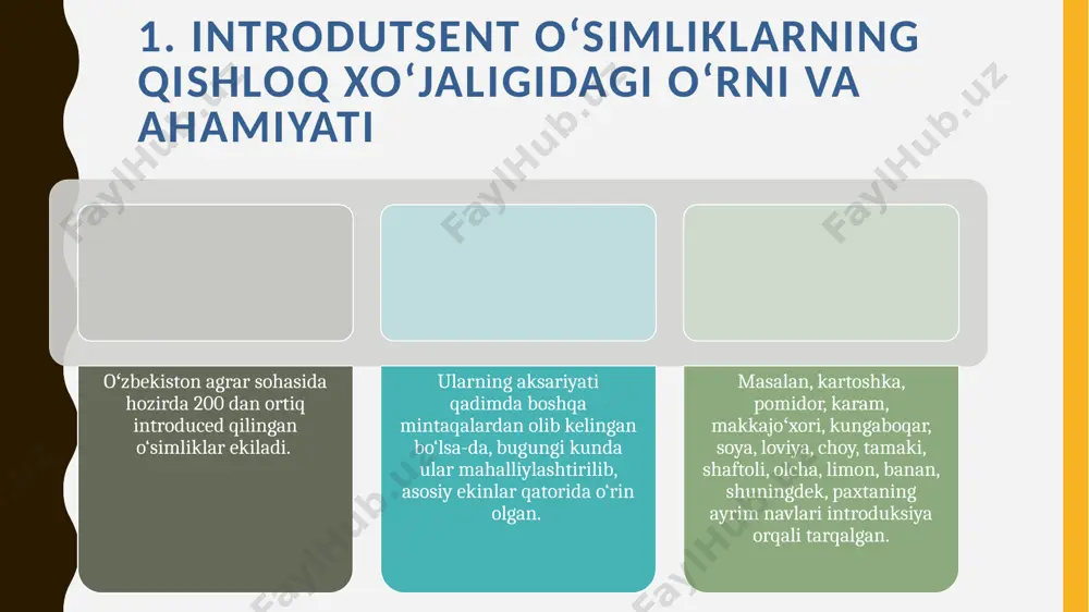 mahsulotlar yetishtirish imkonini beradi. paxta, bug‘doy, sholi, makkajo‘xori, kungaboqar, qand lavlagi, kartoshka kabi ekinlar o‘zbekiston qishloq xo‘jaligi va milliy iqtisodiyotining tayanch sohasiga aylangan. masalan, statistika maʼlumotlariga ko‘ra, 2023-yilda mamlakatda 7,3 mln tonna bug‘doy, 3,5 mln tonna sabzavot va 2 mln tonnaga yaqin paxta tolasi yetishtirilgan. bu esa aholining oziq-ovqat xavfsizligini taʼminlashda muhim o‘rin egallaydi. bundan tashqari, introdutsent ekinlar qator sanoat tarmoqlari uchun xomashyo bo‘lib xizmat qiladi.. paxta tolasidan to‘qimachilik mahsulotlari, qand lavlagidan shakar, kungaboqardan yog‘ olinadi. shuningdek, kartoshka, makkajo‘xori va sabzavot ekinlari ichki bozorni oziq-ovqat mahsulotlari bilan to‘liq taʼminlashda katta rol o‘ynaydi tavsiyalar: navlarni diversifikatsiya qilish: introdutsent o‘simliklarning hudud iqlimiga mos va yuqori hosildor navlarini tanlash zarur. ilmiy asoslangan agrotexnika: sug‘orishda tomchilatib sug‘orish usullarini keng joriy etish, mineral va organik o‘g‘itlardan meʼyorida foydalanish. qayta ishlash sanoatini rivojlantirish: hosildan faqat xomashyo emas, balki tayyor mahsulot olish orqali iqtisodiy samaradorlikni oshirish. tavsiyalar ekologik barqarorlik: o‘simliklarni yetishtirishda kimyoviy vositalardan oqilona foydalanish va organik …