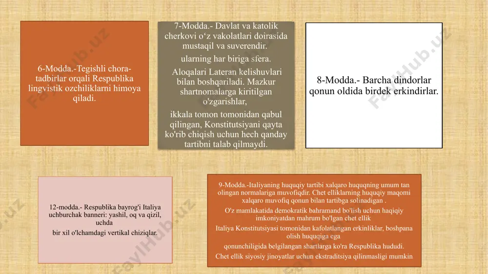 rilgan shaxslarga nisbatan har qanday jismoniy yoki axloqiy majburlash ozodlikdan mahrum qilish jazosiga tortiladi. qonun suddan oldingi hibsga olish uchun maksimal muddatlarni belgilaydi. 18-modda. fuqarolar erkin va maxsus ruxsatsiz birlashish huquqiga ega tashkilotlar jinoyat qonuni bilan taqiqlanmagan maqsadlarda. fuqarolar erkin va maxsus ruxsatsiz birlashish huquqiga ega tashkilotlar jinoyat qonuni bilan taqiqlanmagan maqsadlarda. 16-modda.-har bir fuqaro mamlakatning istalgan hududida ko'chib o'tish va yashash uchun erkin tomonidan qo'yilishi mumkin bo'lgan umumiy cheklovlarga ko'ra milliy hudud sog'liqni saqlash va xavfsizlik manfaatlari yo'lida qonunchilik. hech qanday cheklovlar bo'lishi mumkin emas siyosiy sabablarga ko'ra tashkil etildi. har bir fuqaro mamlakatning istalgan hududida ko'chib o'tish va yashash uchun erkin tomonidan qo'yilishi mumkin bo'lgan umumiy cheklovlarga ko'ra milliy hudud sog'liqni saqlash va xavfsizlik manfaatlari yo'lida qonunchilik. hech qanday cheklovlar bo'lishi mumkin emas siyosiy sabablarga ko'ra tashkil etildi. 17-modda. fuqarolar tinch va qurolsiz yigilish huquqiga ega. yig'ilishlar uchun, shu jumladan aholi uchun ochiq bo'lgan joylarda yig'ilishlar, xabarnoma talab …