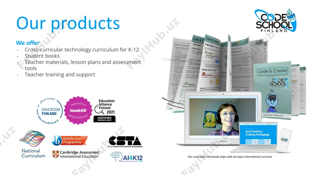 ntation in existing knotion app results • needed trans-disciplinary study plan + lesson sets in digital format for both teachers and students • focus on teacher pd challenges 8 teacher trainers 200+ schools 120+ teachers ~55.000 students started spring 2022 -- case: cross-curricular digital projects for a k-9 app & ecosystem knotion education ecosystem focuses on building sustainable future • teachers evaluated their own preparedness of teaching coding on level 4.4/5, improving +47% results • teachers had variable skills • content and practices were missing for online & hybrid instruction models • cross-curricular hands-on coding projects were needed for students from 3rd to 9th grade challenges 300 teachers three tracks 100% online school year 2021-2022 case: creative coding projects for teachers national board of education code school finland revolutionizes how teachers teach future skills. kaisu pallaskallio ceo, founder +358 44 355 7355 kaisu@codeschool.fi code school finland po box 1188, 00101 …
