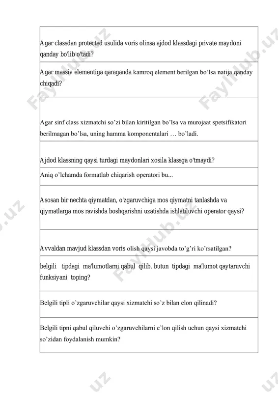 orlash operatorini ko’rsating c++da fayllar bilan ishlash kutubxonasi c++da funksiya e’lon qilish to‘g‘ri ko‘rsatilgan satrni belgilang c++da funksiyada qiymat qaytarish operatori? c++da satrlar bilan ishlash kutubxonasi char a; cin>>a; kiritiladigan ma’lumot necha baytni tashkil etadi. char[50]="qator"; satr oxiri qanday belgi bilan yakunlanadi chiqarish oqimini qayta yuklash uchun quyida keltirilgan formalardan qaysi biri to'g'ri? class ichidagi o'zgaruvchiga bilvosita murojaat qilish operatori? class nima ? classdan to'g'ri vorislik olish jarayonini ko'rsating: const xizmatchi so’zi nima uchun hizmat qiladi? dastur kodlarini mantiqiy guruhga birlashtrish uchun ishlatilib dasturga bir necha kutubxonalar chaqirilganda nomlar orasida o’zaro nizo kelib chiqishini oldini olsh nima deyiladi? dastur yangi ochilganda kamida …. funksiyasi bo’ladi . dasturda global o’zgaruvchilar xotiraning qaysi qismida saqlanadi? dasturda ichki xizmatchi ma’lumotlari xotiraning qaysi qismida saqlanadi? dasturda local o’zgaruvchilar xotiraning qaysi qismida saqlanadi? dasturining asosiy qismida va funksiyada faol qo’llaniluvchi o’zgaruvchilar nima deyiladi? dasturlash tillarida qiymat qaytarmaydigan funksiyalar nima deyiladi dasturlash tilning mexanizmi bo’lib, dasturdagi …