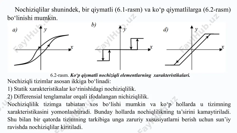 o‘g‘ri burchаkli kооrdinаtаlаr tizimi fаzаlаr fаzоsi dеyilаdi. tаsvirlоvchi nuqtа qоldirgаn iz esа fаzаlаr trаyеktоriyasi dеyilаdi. tizimning hаrаkаtini bundаy tаsvirlаgаnimizdа vаqt o‘zgаruvchisi ishtirоk etmаydi. bu esа fаzаlаr fаzоsi o‘tkinchi jаrаyonini miqdоrini emаs, bаlki sifаtiniginа аniqlаsh imkоnini bеrаdi. 17 nochiziqli tizimlarning amaliy qo'llanilishi robototexnika nochiziqli avtomatik boshqarish tizimlari robototexnikada harakatlarni aniq boshqarish uchun qo'llaniladi. bu robotlarning murakkab va nozik vazifalarni bajarishiga imkon beradi. energetika tizimlari elektr tarmoqlarining barqarorligini ta'minlashda nochiziqli tizimlar muhim rol o'ynaydi. ular energiya tizimlarining samaradorligini oshirish va xavfsizligini ta'minlashga yordam beradi. avtomobil va aviatsiya sanoati avtomobil stabilizatsiya tizimlari va parvoz nazoratida nochiziqli tizimlar keng qo'llaniladi. bu transport vositalarining xavfsizligi va samaradorligini oshiradi. biotexnologiya fiziologik jarayonlarni modellashtirish va tahlil qilishda nochiziqli tizimlar qo'llaniladi. bu tibbiyot va farmatsevtika sohalarida yangi kashfiyotlarga yo'l ochadi. 18 e’tiboringiz uchun rahmat! image1.png image2.png image3.png image4.png image5.png image6.png image7.png image8.png image9.png image10.png image11.png image12.png image13.png image14.png image15.png image16.png image17.png image18.png image19.png