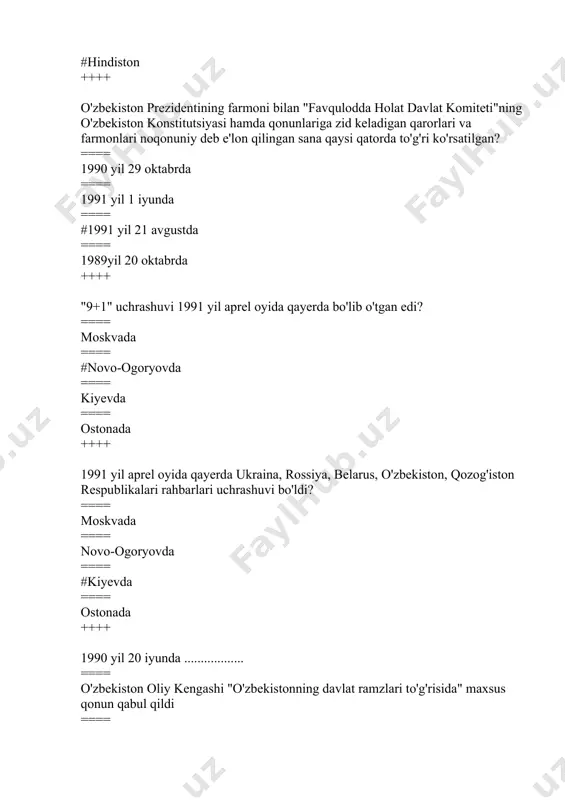kistonning iqtisodiy va siyosiy hayotiga doir masalalar mustaqil tarzda hal qilina bordi? ==== prezidentlik lavozimi joriy etilgandan so'ng ==== davlat mustaqillik asoslari to'g'risidagi qonun qabul qilingandan so'ng ==== #o'zbekistonning mustaqillik deklaratsiyasi qabul qilingandan so'ng ==== o'zbek tiliga davlat tili maqomi berilgandan so'ng ++++ berilgan qonunlardan qay biri 12 moddadan iborat? ==== #“mustaqillik deklaratsiyasi” ==== prezident saylovi to'g'risidagi qonun ==== "davlat tili haqidagi" qonun ==== "davlat ramzlari to'g'risida" qonun ++++ moskvada fojiali hodisalar ro'y bergan davr qaysi javobda to'g'ri ko'rsatilgan? ==== 1990 y 24-26 mart kunlari ==== 1990 y 18-20 iyun kunlari ==== #1991 yil 19-2l avgust kunlari ==== 1991 y 29-31 avgust kunlari ++++ o'zbekiston prezidentining nechanchi yilgi farmoniga binoan respublika ichki ishlar vazirligi va davlat xavfsizligi qo'mitasi qonuniy ravishda o'zbekiston respublikasi tasarrufiga olindi? ==== #1991 yil 25 avgust ==== 1991 yil 21 avgust ==== -s. 1991 yil 30 sentabr ==== 1991 yil 28 avgust ++++ o'zbekiston rahbari i.karimov kpss …