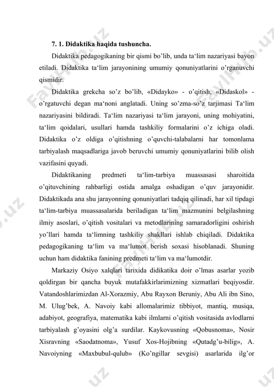 sravning «saodatnoma», yusuf xos-hojibning «qutadg’u-bilig», a. navoiyning «maxbubul-qulub» (ko’ngillar sevgisi) asarlarida ilg’or pedagogik qarashlar ham ifodalangan. ular dunyoviy ta‘limni keng rivojlantirishga katta hissa qo’shdilar. sharqu g’arb ma‘naviy merosi asosida pedagogik jarayondan markaziy o’rin olgan didaktika doimo rivojlanib bordi. didaktikaning asoschisi xvii asrning buyuk chex pedagog-olimi yan amos komenskiydir. yan amos komenskiy (1594-1670) butun dunyoda pedagogik fikrlar va maktablar taraqqiyotiga juda o’lkan xissa qo’shgan yetuk olimdir. uning 1632 yilda yozgan «buyuk didaktika» asari o’qitishni rivojlantirishga g’oyat sezilarli ta‘sirini ko’rsatdi, shuning uchun ham bu asar jahon pedagogikasi oltin xazinasining noyob gavhari hisoblanadi. yan amos komenskiyning insoniyat oldidagi buyuk xizmatlaridan biri-ta‘limning sinf-dars sistemasini ishlab chiqishdan, dars maktabda o’qitishning asosiy shakli ekanligini asoslab berishdan iboratdir. yevropada didaktikaning rivojlanishida yan amos komenskiydan keyin rus pedagogi k.d. ushinskiyning ham xizmatlari katta. o’zbekistonda (keyingi yillarda) didiktik ta‘limning tashkil topishi va rivojlanishi a. avloniy, x.h, niyoziy, muhammadrasul rasuliy, qori niyoziy, m. behbudiy, o. sharafiddinov kabi pedagog va olimlarning …