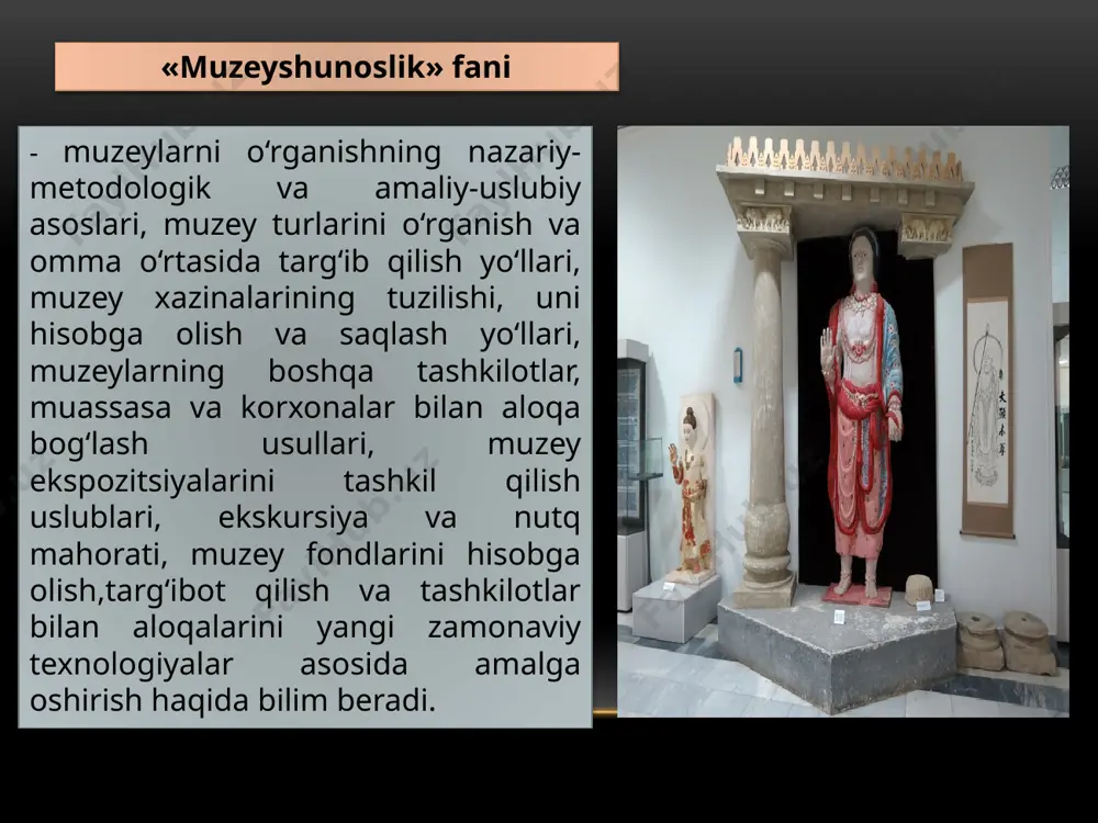 shu vazifani o‘z oldiga maqsad qilib qo‘yadi,ularni ommaviy muzeylar deb ham yuritishadi); tadqiqot (ilmiy-tadqiqot institutlari qoshida o‘ziga xos laboratoriya vazifasini o‘taydi) va o‘quv muzeylariga, yo‘nalishi va kolleksiyalariga qarab tarmoq, o‘lkashunoslik (kompleks) va memorial muzeylarga bo‘linadi. muzeylar qachon paydo bo‘lgan va ularning ahamiyati nimalardan iborat? «muzey» - yunoncha atama bo‘lib, «muza» so‘zidan kelib chiqqan. qadimgi yunon mifologiyasida san’at va fan ma’budalari «muzalar» deb yuritilgan. muzalar, ya’ni ma’budalar yoki xudolar shoir va san’atkorlarga ilhom beradi,deb e’tiqod qilingan. shuning uchun antik poeziya asarlarining boshida ko‘pincha muzaga murojaat qilingan. san’at va adabiyotga, tarixga oid bir qancha ma’budalar mavjud bo‘lgan. appolon muza xudosi hisoblangan. muza obrazi yevropa tasviriy san’atida o‘z ifodasini topgan. ma’budalar – turli shakldagi haykallar alohida ehtirom bilan muqaddas sanalgan imoratlarda saqlangan. odamlar ma’budalarni ziyorat qila turib, orzu-istaklarini amalga oshirishini tilaganlar. natijada muzalar joylashgan dargoh insonlarning ziyoratgohiga aylangan. bu dargohda eng asl buyumlar, nodir, qimmatbaho ashyolar va go‘zal san’at asarlari ham saqlana boshlagan. …