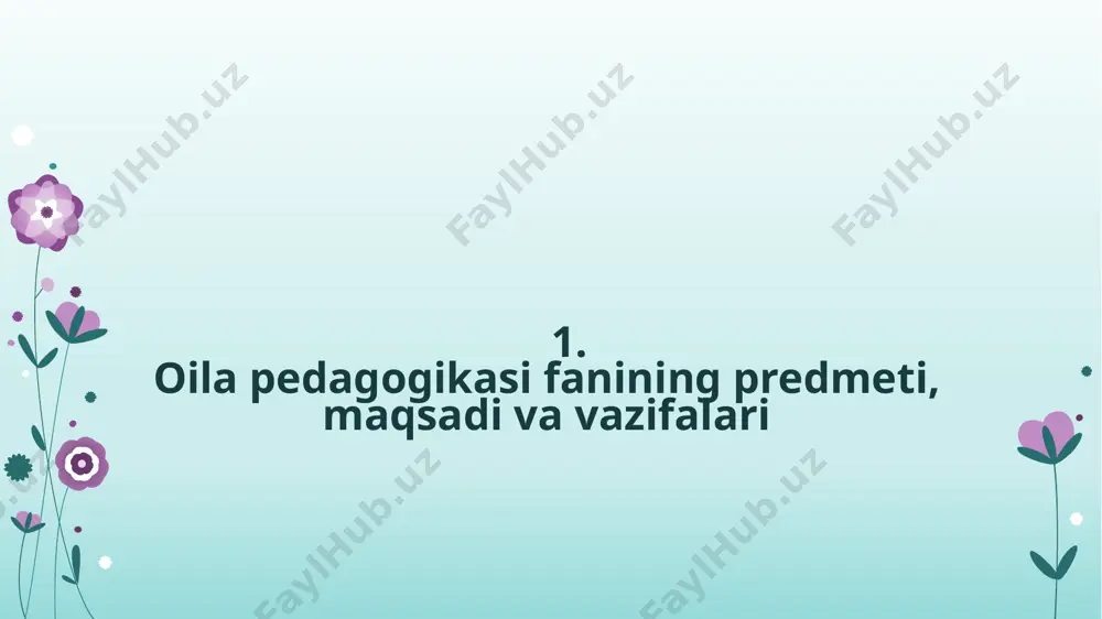 ilmiy pedagogik tadqiq metodlari yordamida tadqiq etiladi? 7. oila pedagogikasi fan sifatida qanday rivojlanib kelmoqda? adabiyotlar: 1.xasanboyeva o. oila pedagogikasi. darslik t.: “aloqachi, 2007. 3-48 betlar. 2.fitrat, abdurauf oila yoki oila boshqarish tartiblari . — toshkent: cho'lpon nomidagi nmiu, 2013. 72-109 betlar.