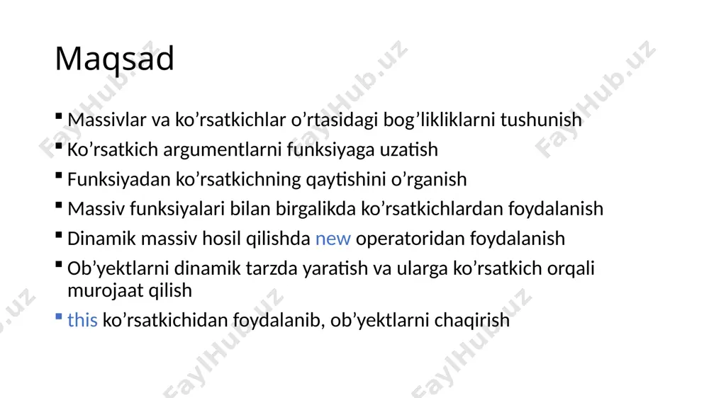a orqali uzatilmoqda. shuning uchun q2 va p2 lar hamkorlar hisoblanadi. ular bir xildirlar. agar f funksiya *p2 (misol uchun, *p=20) ni o’zgartirsa, u holda *q2 ham o’zgaradi. agar f funksiya p2 (misol uchun, p2=puzgaruvchi) ni o’zgartirsa, u holda q2 ham o’zgaradi. listing 11.4 testpointerargument.cpp funksiyadan ko’rsatkichning qaytarilishi c++ da funksiya ko’rsatkichni qaytarishi mumkin. quyidagi listingni qaraymiz: listing 11.6 reversearrayusingpointer.cpp dinamik xotira new operatori turlar, massivlar va ob’yektlar uchun bajarilish vaqtida dinamik xotira yaratadi. listing 11.6 da argument massiv, uni teskari qilish va massivni qaytarish funksiyasi keltirilgan. tasavvur qiling, haqiqiy massivni o’zgartirmaslik kerak. massivni argument sifatida uzatib, elementlarini teskari tarzda o’zgartiruvchi, massiv qaytaruvchi funksiyani qayta yozamiz. uning algoritmi quyidagicha: haqiqiy massiv list bo’lsin. haqiqiy massiv o’lchami bilan bir xil bo’lgan result nomli yangi massiv e’lon qilish. dinamik xotira 3. haqiqiy massivning birinchi, ikkinchi va h.k oxirgi elementlaridan yangi massivning oxiridan boshlab nusxa olish, u quyidagi diagrammada ko’rsatilgan: 4. result ni …