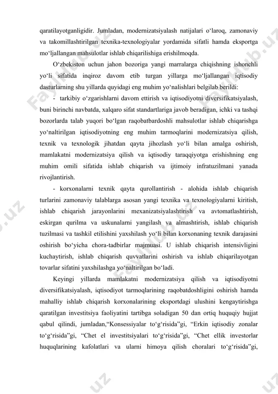 shlab chiqarish korxonalarining eksportdagi ulushini kengaytirishga qaratilgan investitsiya faoliyatini tartibga soladigan 50 dan ortiq huquqiy hujjat qabul qilindi, jumladan,“konsessiyalar to‘g‘risida”gi, “erkin iqtisodiy zonalar to‘g‘risida”gi, “chet el investitsiyalari to‘g‘risida”gi, “chet ellik investorlar huquqlarining kafolatlari va ularni himoya qilish choralari to‘g‘risida”gi, “investitsiya faoliyati to‘g‘risida”gi, “tashqi iqtisodiy faoliyat to‘g‘risida”gi qonunlar ayni shu maqsadlarga xizmat qilmoqda. bugungi kunda respublikamiz iqtisodiyotining deyarli barcha tarmoq va sohalarida ishlab chiqarishni modernizatsiyalash, texnik va texnologik jihatdan qayta jihozlash tadbirlarining keng ko‘lamda amalga oshirilishi raqobatdosh mahsulotlar ishlab chiqarish imkoniyatlarini kengaytirmoqda. biroq, bu boradagi jiddiy muammo - mahsulotlarimiz tannarxining yuqori darajada qolayotganligi ularning raqobatdoshligiga salbiy ta’sir ko‘rsatmoqda. adabiyotlar: 1. mc connell, brue. economics. 17th edition. mcgraw-hill/irwin, usa, 2014. 2. n.gregory mankiw. principles of economics, 7th edition. amazon, usa 2016. 3. paul a. samuelson, william d. nordhaus. economics. 19th edition. mcgraw-hill companies. usa. 2015. 4. шодмонов ш.ш., ғофуров у.в. иқтисодиёт назарияси. дарслик. - т.: iqtisod-moliya, 2010. - 728 бет. 5. мамбетжанов …