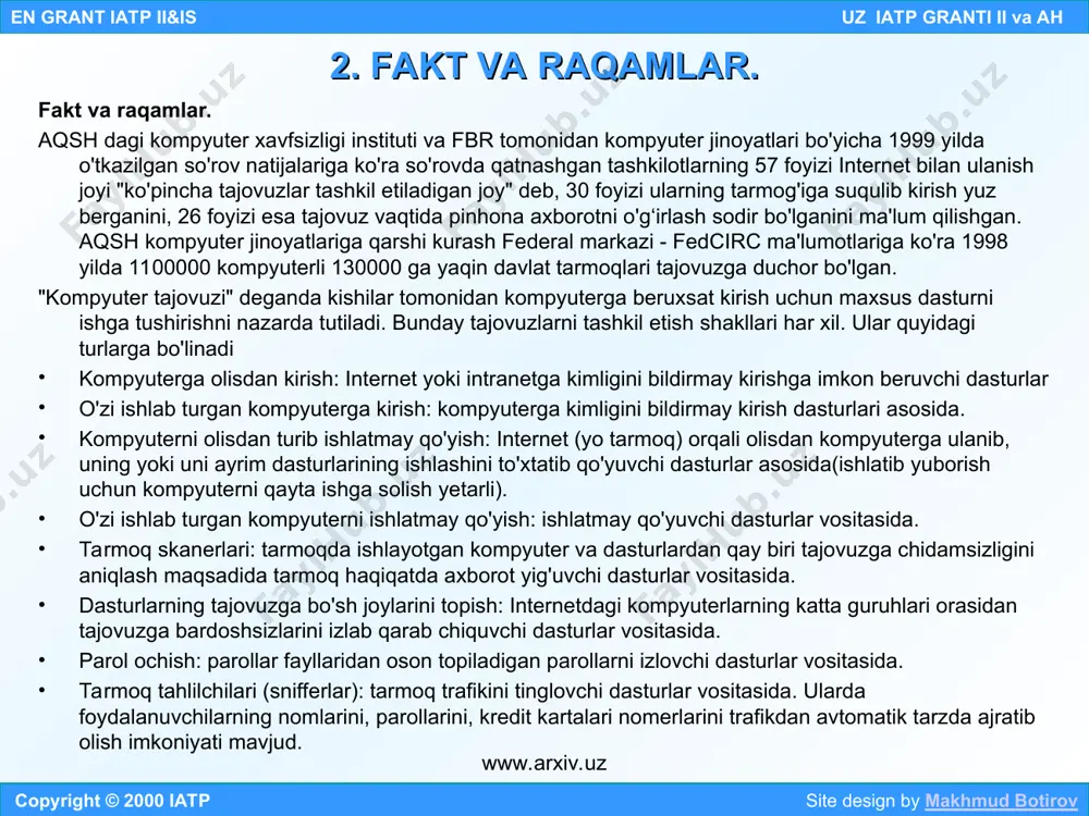 orifice(troyan ot, windows 95/98ni olisdan boshqarish uchun), netbus( back orifice ga o'xshash), winnuke (windows 95ni to'la to'xtatib qo'yaoladi )i nmap(skanerlovchi dastur) bilan bo'lgan. winnuke, papa smurf i teardrop dasturlari vositasida niyati buzuq kimsalar sizning kompyuteringizga tajovuz qilib ziyon yetkazishlari mumkin. copyright © 2000 iatp site design by makhmud botirov en grant iatp ii&is uz iatp granti ii va ah fakt va raqamlar. www.arxiv.uz www.arxiv.uz * nist 7498-2 xalqaro standarti asosiy xavfsizlik xizmatlarini belgilaydi. uning vazifasiga ochiq tizimlar aloqasi modelining xavfsizlik yo’nalishlarini aniqlash kiradi. bular: autentifikatsiya. kompyuter yo tarmoq foydalanuvchisining shaxsini tekshirish; kirishni boshqarish(access control). kompyuter tarmog‘idan foydalanuvchining ruxsat etilgan kirishini tekshirish va ta’minlash; ma’lumotlar butunligi. ma’lumotlar massivi mazmunini tasodifiy yo qasddan beruxsat usullar bilan o‘zgartirishlarga nisbatan tekshirish; axborot pinhonaligi. axborot mazmunini iznsiz oshkor bo‘lishdan himoyalash inkor eta olinmaslik(neoproverjimost). ma’lumotlar massivini jo‘natuvchi tomonidan uni jo‘natganligini yoki oluvchi tomonidan uni olganligini tan olishdan bo‘yin tovlashining oldini olish. ko‘plab qo‘shimcha xizmatlar (audit, kirishni …