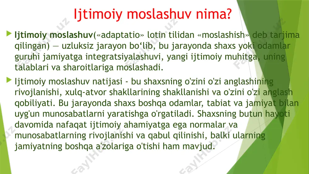 tlar tizimiga (boshqa odamlar, ijtimoiy, biznes, kasbiy) kirganida sodir bo'ladi. ijtimoiy moslashuv tizimni tashkil etuvchi har xil turdagi moslashish jarayonlaridan iborat, xususan: ishlab chiqarish, kasbiy, kundalik, bo'sh vaqt, siyosiy, iqtisodiy, ijtimoiy ong shakllariga moslashish. ijtimoiy moslashuv turlari ijtimoiy moslashuv bir necha turdagi bo'lishi mumkin, ularning tasnifi uchun ma'lum xususiyatlar qo'llaniladi. bularga quyidagilar kiradi: boshqaruv(tashkiliy).agar menejment bo'lmasa, inson qulay sharoitlarga ega bo'lmaydi, uning ijtimoiy rolini rivojlantirish, unga ta'sir ko'rsatish, shaxs va jamiyat manfaatlariga javob beradigan faoliyatni ta'minlash uchun shart-sharoitlar yaratilmaydi. iqtisodiy.ushbu jarayon yuqori murakkablik bilan tavsiflanadi. uning davomida shaxslar va sub'ektlar iqtisodiy munosabatlarning yangi ijtimoiy-iqtisodiy normalari va tamoyillarini o'rganadilar. bu erda "ijtimoiy blok" alohida ahamiyatga ega bo'lib, u haqiqatda mavjud bo'lgan ishsizlik nafaqalari, ish haqi va pensiyalar miqdorining ijtimoiy voqelikka moslashish jarayonini o'z ichiga oladi. ular insonning ham fiziologik, ham ijtimoiy-madaniy ehtiyojlarini qondirishi muhimdir. agar inson kambag'allikda yashasa va zo'rg'a kun kechira olsa, uning to'liq ijtimoiy moslashishi mumkin emas. pedagogik. shaxsning …