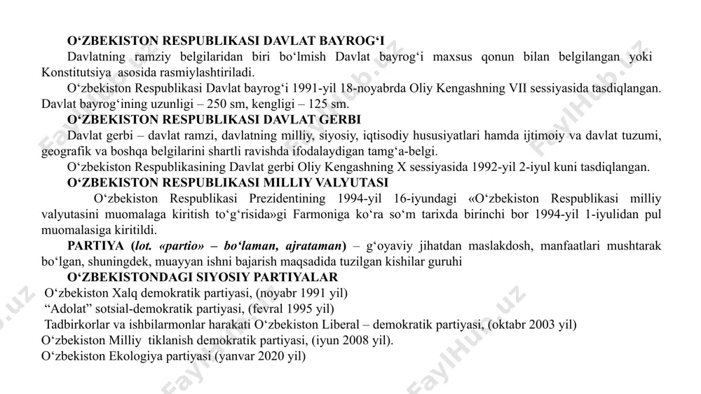 i bajarish maqsadida tuzilgan kishilar guruhi o‘zbekistondagi siyosiy partiyalar o‘zbekiston xalq demokratik partiyasi, (noyabr 1991 yil) “adolat” sotsial-demokratik partiyasi, (fevral 1995 yil) tadbirkorlar va ishbilarmonlar harakati o‘zbekiston liberal – demokratik partiyasi, (oktabr 2003 yil) o‘zbekiston milliy tiklanish demokratik partiyasi, (iyun 2008 yil). o‘zbekiston ekologiya partiyasi (yanvar 2020 yil) yoshlar kuni - o‘zbekiston respublikasi prezidenti shavkat mirziyoyevning «kamolot» yoshlar ijtimoiy harakatining iv qurultoyida o‘zbekiston yoshlar ittifoqi tashkil etilgan kun — 30 iyun sanasini mamlakatimizda yoshlar kuni deb e’lon qildi. institutda 2017 yildan buyon o‘zbekiston yoshlar ittifoqi boshlang‘ich tashkiloti faoliyat olib bormoqda. birlashgan millatlar tashkiloti (bmt) yer yuzida tinchlikni mustahkamlash va xavfsizlikni ta’minlash, davlatlarning va millatlarning o‘zaro hamkorligini rivojlantirish maqsadida 1945 yilda tuzilgan xalqaro tashkilot. o‘zbekiston respublikasi bmtga 1992-yil 2-martda qabul qilindi. bugungi kunda bmtga 191 davlatlar a’zo bo‘lib kirgan. mustaqil davlatlar hamdo‘stligi (mdh) mdh 1991-yil 8-dekabrda minsk shahrida sssrning barham topishi bilan shakllandi. mdh a’zolari xalqaro tinchlik va xavfsizlikni ta’minlash, harbiy …