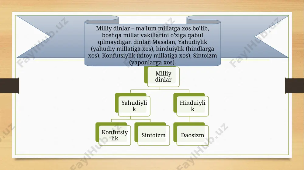di va quyidagi kitoblarga bo’linadi: 1) «borliq» yoki «ibtido»; 2) «chiqish»; 3) «levit»; 4) «sonlar»; 5) «ikkinchi qonun» vedalar rigveda– «madhiyalar vedasi» samaveda– «qo’shiqlae vedasi» yajurveda– «qurbonliklar vedasi» atharvaveda– «afsun va jodular vedasi» veda xudolari. vedalarda xudolar – osmon xudolari, quyosh xudolari, havo xudolari, yer xudolari, ayol xudolar kabi xudolar toifasi haqida madhiyalar bayon etilgan. osmon xudolari. ular sirasiga dyaus, varuna, indra kabi turli osmonlarni boshqarib turuvchi xudolar kiradi. biroq, varuna keyinchalik suv va dengizlar xudosiga aylanib ketgan. quyosh xudolari. rigvedada quyosh energiyasining turlicha namoyon bo’lishidan besh xudo yuzaga kelganligi haqida so’z yuritilgan. ularning eng qadimiysi mitra («do’st») dir. surya quyoshning yorqinroq namoyon bo’lgan ko’rinishidir. u yunonlardagi apollon kabi yetti ot biriktirilgan g’ildirakli aravalarda tasvirlangan. savitri esa quyoshning quvvat beruvchi kuchida namoyon bo’ladi. pushan muruvvatli hisoblanib, quyoshning mahsuldorlik faoliyatni o’zida namoyon qiladi. ularning yana biri vishnu vedalarda zikr qilingan va keyinchalik unut bo’lib ketgan xudolar orasida abadiy hisoblangan, hozirgi paytda …