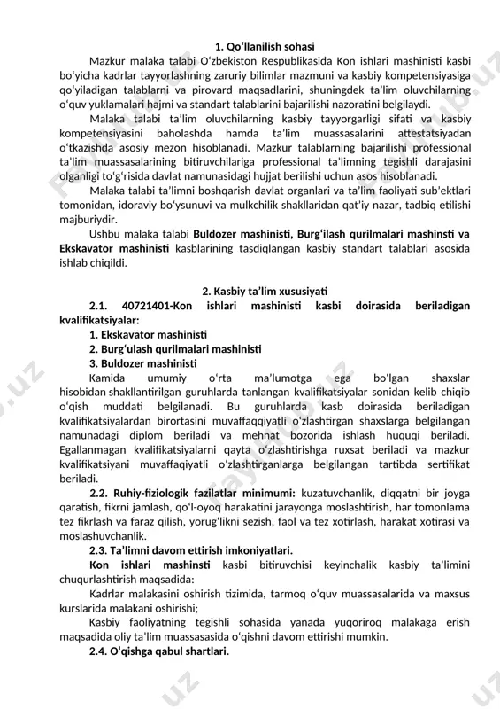 i bajarish; konlarda yordamchi ishlarni bajarish; 4. ta’lim dasturini o‘zlashtirgan bitiruvchining umumiy va kasbiy kompetensiyalariga qo‘yiladigan talablar 4.1. kon ishlari mashinisti kasbi bitiruvchilari umumiy kompetensiyasiga qo‘yiladigan talablar: ptm bitiruvchisi quyidagi umumiy kompetensiyalarga ega bo‘lishi kerak: uk-1. kasbiy faoliyat doirasida vujudga keladigan turli masalalar echimini topish usullarini tanlay olish; uk-2. rahbar tomonidan belgilangan maqsadga erishish uchun jamoada ishlay olish; uk-3. o‘zining kasbiy malakasini va shaxsiy kamolotini takomillashtirib borish; uk-4. jamoada va ma’lum vazifani bajarishga yo‘naltirilgan guruhda ishlash, hamkasblar, rahbarlar va mijozlar bilan samimiy, xushmuomala va samarali muloqot qilish; uk-5. ta’lim olgan tilida fikrini og‘zaki va yozma ravishda ravon bayon qilish; uk-6. umuminsoniy fazilatlarga ega bo‘lish, o‘z millatini va vatanini sevish, u bilan faxrlanish, milliy urf-odatlar, qadriyatlarni hurmat qilish; uk-7. professional vazifalarni samarali bajarish uchun zarur bo‘ladigan ma’lumotlarni qidirish; uk-8. kasbiy faoliyatida axborot-kommunikatsiya texnologiyalarini qo‘llash; uk-9. kasbga doir hujjatlar bilan ishlash; uk-10. kasbiy faoliyatda xavfsizlik texnikasi va mehnat muhofazasi qoidalariga amal qilish …
