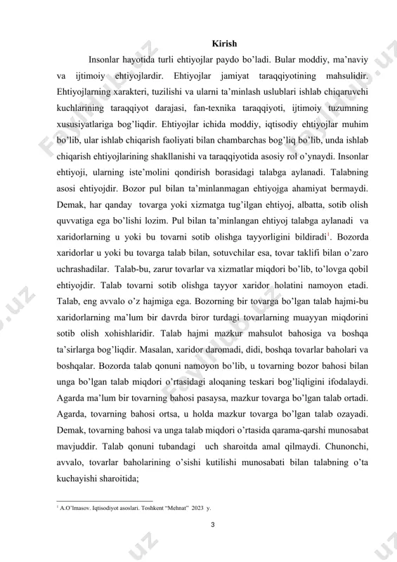 i bu tovarga talab bilan, sotuvchilar esa, tovar taklifi bilan o’zaro uchrashadilar. talab-bu, zarur tovarlar va xizmatlar miqdori bo’lib, to’lovga qobil ehtiyojdir. talab tovarni sotib olishga tayyor xaridor holatini namoyon etadi. talab, eng avvalo o’z hajmiga ega. bozorning bir tovarga bo’lgan talab hajmi-bu xaridorlarning ma’lum bir davrda biror turdagi tovarlarning muayyan miqdorini sotib olish xohishlaridir. talab hajmi mazkur mahsulot bahosiga va boshqa ta’sirlarga bog’liqdir. masalan, xaridor daromadi, didi, boshqa tovarlar baholari va boshqalar. bozorda talab qonuni namoyon bo’lib, u tovarning bozor bahosi bilan unga bo’lgan talab miqdori o’rtasidagi aloqaning teskari bog’liqligini ifodalaydi. agarda ma’lum bir tovarning bahosi pasaysa, mazkur tovarga bo’lgan talab ortadi. agarda, tovarning bahosi ortsa, u holda mazkur tovarga bo’lgan talab ozayadi. demak, tovarning bahosi va unga talab miqdori o’rtasida qarama-qarshi munosabat mavjuddir. talab qonuni tubandagi uch sharoitda amal qilmaydi. chunonchi, avvalo, tovarlar baholarining o’sishi kutilishi munosabati bilan talabning o’ta kuchayishi sharoitida; 1-yalpi talab va yalpi daromadga ta`sir …