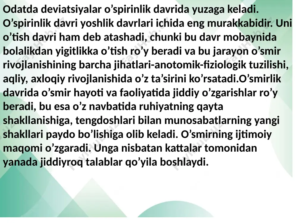 susiyatlariga o’z vaqtida e’tibor qaratishsa uning xulq-atvori doimo normal bo’ladi. bundan kelib chiqadiki, me’yordan chetga chiqqan xulq-atvorni jamiyat rivoji va svilizatsiyasini bola shaxsiyatining xususiyatlarini inobatga olmaslik oqibatida buzilishiga olib keluvchi bolaning jamiyat bilan munosabati sifatida tushunsak bo’ladi. aftida chetga chiquvchi xulq-atvor ijtimoiy dezadaptatsiya ko’rinishlaridan biri hisoblanadi. bolalar va o’smirlar dezadaptatsiyasi haqida gapirganda bu jarayonga giriftor bo’lgan bolalar toifalarini aniqlab olish lozim: -maktabga qatnamaydigan maktab yoshidagi bolalar, -etim bolalar, - ijtimoiy yetimlar, bolalar uylarida joylar yetishmasligi sababli ular oylab o’z navbatlarini ota-onalik huquqidan mahrum etilgan ota-onalari bilan yashagan holda kutishadi. shu bilan birga ular tuzuk ovqatlanishmaydi, jismoniy, ruhiy, jinsiy qiynoqlarga duchor bo’lishadi. -giyohvand va toksin moddalar iste’mol qiluvchi bolalar, -jinsiy intizomsiz bolalar, -g’ayrihuquqiy hatti-harakatlar sodir etgan bolalar. rasmiy ma’lumotlarga ko’ra ularning soni kattalarga qaraganda ikki hissa tez oshmoqda. deviatsiya deviant, delikvent va jinoiy xulq-atvordan iborat. deviant xulq-atvor-mikro ijtimoiy munosabatlar (oilaviy, maktabdagi munosabatlar) va kichik ijtimoiy guruhlarga xos bo’lgan ijtimoiy normalar va …