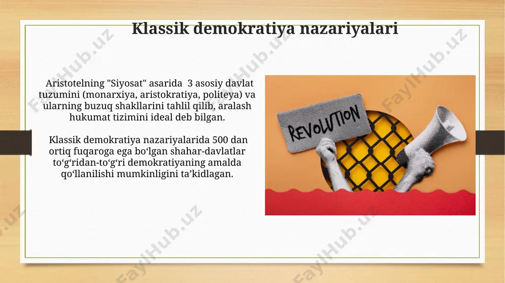 dan ko'p qismining davlat ishlariga jalb qilinishi muhim ko'rsatkichlar hisoblanadi. ishtirok demokratiyasi fuqarolarning siyosiy jarayonlarda faol ishtirokini 30% dan ortiq darajada ta’minlashga qaratilgan bo'lib, bu esa qonun chiqarish va ijro etuvchi hokimiyat organlariga ta’sir ko'rsatish imkoniyatini beradi. qo'shma demokratiya qo'shma demokratiyaning samaradorligi, taxminan 10 ta turli omillarga, shu jumladan, ishtirok etuvchi davlatlarning siyosiy madaniyati va o'zaro ishonch darajasiga bog'liq. qo'shma demokratiya modellarining 3ta asosiy turi mavjud: federal, konfederal va assotsiatsiyalangan davlatlar turlarining birlashuvi orqali amalga oshiriladi. demokratiyaning globalizatsiya davrida o'rni transmilliy korporatsiyalar ta'siri va ma'lumot oqimining tezlashuvi demokratiyaning milliy suverenitetga ta'sirini kuchaytirib, yangi siyosiy va iqtisodiy muammolarni keltirib chiqaradi. demokratiyaning globalizatsiya sharoitidagi rivojlanishi, unga qarshi liberal va avtoritar siyosiy paradigmalar o'rtasidagi kurashni, shuningdek, "yumshoq quvvat" mexanizmlarining ta'sirini o'z ichiga oladi. e'tiboringiz uchun rahmat @taqdimot_robot image7.jpg image8.jpg image9.jpg image10.jpg image11.jpg image12.jpg image13.jpg image14.jpg image15.jpg image16.jpg image17.jpg image18.jpg image3.png image4.png
