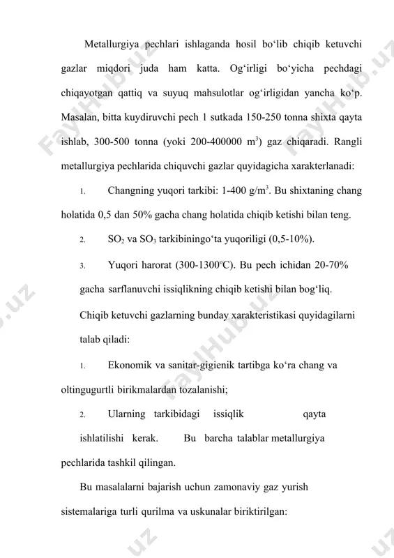 i. bu turli xil o‘lchamdagi changlarni fraksion ajratish va changning har bir turini o‘z texnologik sxemasi bo‘yicha qayta ishlash imkonini beradi. rangli metallurgiya pechlarining changlarini mayda frksiyasi mishyak, selen, rux, qo‘rg‘oshin va noyob metallarni ishlab chiqarishda boshlang‘ich xom ashyo – konsentrat bo‘lib hizmat qiladi. rangli metallurgiyada changlarni tutish uchun quyidagi changushlagichlar qo‘llaniladi: 1. changushlagich kameralar; 2. inersion chang ushlagichlar; 3. filtrlovchi chang ushlagichlar; 4. ho‘l changushlagichlar; 5. elektr chang ushlagichlar; 6. kombinirlashgan chang ushlagichlar. turli xil chang ushlagich qurilmalarni nisbiy baholash tozalash darajasi η, sarf-xarajat miqdoriga, changushlagichga gidravlik qarshiligi kattaligiga va elektr energiyasi va suvning sarfi bo‘yicha amalga oshiriladi. tozalashning darajasi η quyidagi formuladan topiladi: 𝜂 = 𝑎𝑉1−𝑐𝑉2, 𝑎𝑉1 a va c – changushlagichga kiruvchi va chiquvchi gazlarning changlanganligi, g/m3, v1 va v2 – changushlagichga kiruvchi va chiquvchi gazlarning hajmi, m3/sek. chang ushlovchi kameralar chang ushlovchi kameralar. changni og‘irligi bo‘yicha cho‘ktirilishiga asoslanadi. gaz oqimida kamerada joylashgan chang zarrachasiga quyidagi kuchlar …