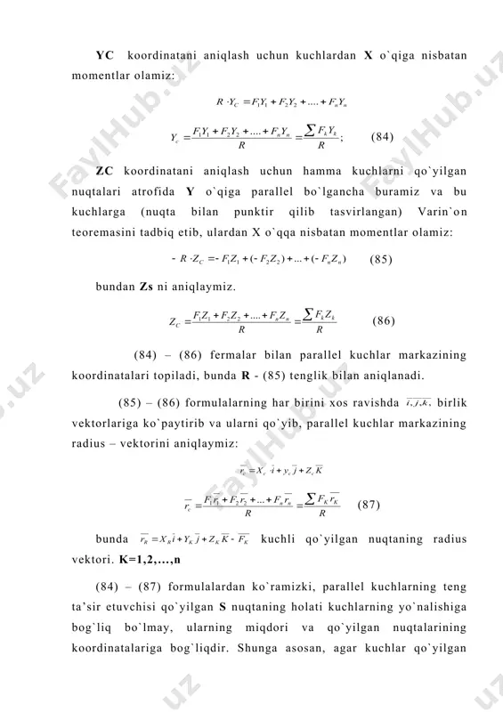 ementar yuzaning og`irligi quyidagi formula bilan topiladi: , bunda fk - uning yuzi. mk elementar yuza og`irlik markazining koordinatalarini xk ,yk bilan belgilaymiz. r va rk larning qiymatlarini (88) formulalarga qo`yamiz. demak tekis shakl og`irlik markazining koordinatalari: ( 90 ) formulalar bilan topiladi. koordinatalari (90) formulalar bilan aniqlanadigan s nuqta yuzaning og`irlik markazi deb ataladi. (90) formulalardagi kattaliklar tekis shakl yuzasining x va y o`qlariga nisbatan statik momenti deyladi. statik momentning o`lchov birligi m3 . demak (90) formulalarni quyidagi ko`rinishda yozish mumkin. (91 ) bundan (91). tekis shakl yuzasining biror o`qqa nisbatan statik momenti shaklning yuzi bilan uning og`irlik markazidan shu o`qqacha bo`lgan masofaning ko`paytmasiga teng. agar tekis shaklning statik momenti va yuzasi ma’lum bo`lsa, u holda tekis shakl og`irlik markazining koordinatalari (91) formulalar yordamida topiladi. tekis shakl yuzalari shakl og`irlik markazidan o`tgan o`qlariga nisbatan statik momentlari nolga teng bo`ladi, chunki bu holda chiziqning og`irlik markazi uzunligi l ga teng …