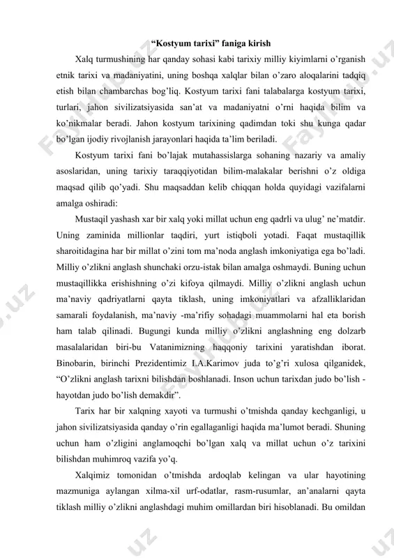 n muhimroq vazifa yo’q. xalqimiz tomonidan o’tmishda ardoqlab kelingan va ular hayotining mazmuniga aylangan xilma-xil urf-odatlar, rasm-rusumlar, an’analarni qayta tiklash milliy o’zlikni anglashdagi muhim omillardan biri hisoblanadi. bu omildan amalda foydalanish milliy mafko’raning shakllanishida muhim ahamiyat kasb etadi. xalqparvarlik insonparvarlik tuyg’ulari ham milliy o’zlikni qanchalik anglash bilan chambarchas bog’liqdir. milliy jihatdan o’zligini anglamasdan turib, boshqalarga bo’lgan munosabatda samimiylikka erishib bo’lmaydi. o’zini va boshqalarni hurmat qilish uchun har bir kishi o’z millatining hayoti, tarixan shakllangan ong yaxshi fazilatlaridan xabardor bo’lmog’i lozim. unda bunday fazilatning shakllanishi milliy o’zlikni anglashning muhim jihatlaridin biri sifatida namoyon bo’ladi. milliy o’zlikni anglash har bir kishida milliy iftixor hissini kuchaytiradi. o’z vatanidan faxrlanmaydigan, uning muvaffaqiyatlaridan ruhlanmaydigan kishi milliy o’zlikni anglashdan begonadir. binobarin, milliy o’zlikni anglash milliy iftixor hissi bilan chambarchas bog’liq holda namoyon bo’ladi. bu boqiylikni folklor-etnografik ansambllar tomonidan keng qo’llanilayotgan milliy libos, bezak va taqinchoqlarimizda ham ko’rish mumkin. o’tmishdan meros bo’lib kelgan ko’xna liboslarni saqlash va …