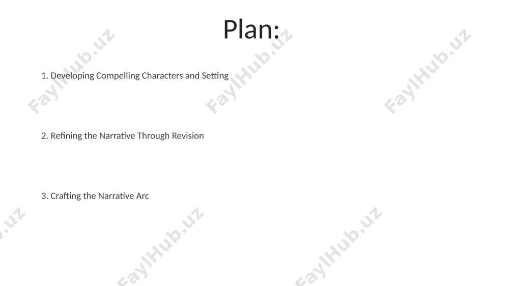 evable plot often features 3-5 major plot points, strategically placed to create rising action, a climax, and satisfying resolution, avoiding a predictable or overly simplistic structure. developing compelling characters consider using the "flaw-goal-obstacle" model: give your protagonist a significant flaw (e.g., insecurity), a clear goal (e.g., revenge), and substantial obstacles (2-3 minimum) to overcome. compelling characters often exhibit a clear character arc, evolving significantly over 3-5 key plot points, revealing internal conflicts and growth. establishing setting and atmosphere employ contrasting settings to highlight thematic elements or character arcs; for example, juxtaposing a sterile, clinical environment with a chaotic, natural one can amplify internal conflict within 1-2 key characters. setting's impact on mood is crucial; consider using sensory details – 3-5 vivid descriptions per scene – to evoke a specific atmosphere, influencing reader perception and emotional response. thank you for your attention @taqdimot_robot image4.jpg image5.jpg image6.jpg image7.jpg image8.jpg image9.jpg image10.jpg image1.jpeg …