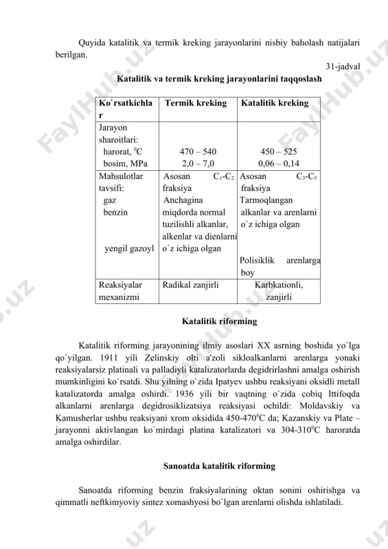 an sonini oshirishga va qimmatli neftkimyoviy sintez xomashyosi bo`lgan arenlarni olishda ishlatiladi. jarayon vodorod saqlovchi gaz [70-90% (hajmiy) n2, qolganlari uglevodorodlar] muhitida quyidagi sharoitlarda amalga oshiriladi: harorat 480-5400c; bosim 2-4 mpa; xomashyoni berish hajmiy tezligi 1-3s-1; sirkulyatsiya qilinayotgan vodorod – saqlovchi gaz miqdorini xomashyoga nisbati 600-1800 m3/m3. katalitik riforming xomashyosi sifatida odatda neftni birlamchi haydash benzin fraksiyalari ishlatiladi. riforming xomashyosining fraksion tarkibi jarayonning maqsadga muvofiq mahsuloti bilan belgilanadi. agar jarayonning maqsadi – individual arenlar bo`lsa, benzol, toluol va ksilollar olish uchun, mos holda, c6(62-850c), c7(85-1050c) va c8(105-1400c) uglevodorod saqlovchi fraksiyalar ishlatiladi. agar jarayon yuqori oktanli benzin olish maqsadida amalga oshirilsa, xomashyo sifatida c7-c9 uglevodorodlarga mos kelgan 85-1800c fraksiya ishlatiladi. riformingning bifunksional katalizatorida ketadigan reaksiyalar natijasida benzin tarkibida ko`proq aromatik uglevodorodlar hosil bo`lishi va yig`ilishi bilan bog`liq chuqur o`zgarishlar sodir bo`ladi. aromatik uglevodorodlar hosil bo`lish reaksiyalari: · siklogeksan va uning gomologlarini degidrirlash; · siklopentan gomologlarining izomerizatsiyasi va so`ng degidrirlanishi; · parafinlarning …