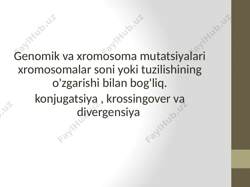 paydo bo'lganda : - sporadik - meros tana uchun natijaga ko'ra: - halokatli (salbiy) - yarim halokatli - neytral - ijobiy meros olish imkoniyati : - generativ, ya'ni. jinsiy hujayralarda hosil bo'ladi. - somatik, ya'ni. somatik hujayralarda paydo bo'ladi. fenotipik namoyon bo'lishiga ko'ra : - morfologik - biokimyoviy - fiziologik voqea darajasiga ko'ra (genetik materialning o'zgarish darajasi) : - gen ( nuqta ) - xromosoma aberatsiyasi - genomik irsiy materialning joylashishiga bog'liq bo'lgan hujayradagi lokalizatsiya darajasiga ko'ra : - yadroviy - sitoplazmatik (yadrodan tashqari ) ramka siljishi yo'q ramka siljishi bilan ( frameshift mutatsiya ) miisense mutatsiyalari - nuqta mutatsiyasi, buning natijasida o'zgargan kodon boshqa aminokislotalarni kodlashni boshlaydi (masalan, o'roqsimon hujayrali anemiya). seimsens mutatsiyalari - polipeptid tarkibidagi aminokislota qoldig'ini almashtirmasdan mutatsiyalar. qo'shishlar - nukleotidlarni kiritish ( lar ) eksizyonlar - nukleotidlarning yo'qolishi ( s ) gen mutatsiyalari ( nuqta ): bema'ni mutatsiyalar nuqta mutatsiyalarining maxsus guruhi bo'lib, natijada sezuvchanlik kodonining …