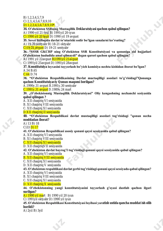 li jon boshiga yalpi ijtimoiy mahsulot ishlab chiqarish bo‘yicha ittifoqdosh respublikalar orasida o’zbekiston nechanchi o’rinni egalladi? a) 12-o‘rinni b) 10-o‘rinni c) 8-o‘rinni d) 5-o‘rinni 30. 1991 yil 29 dekabr kuni bo‘lib o‘tgan referendumda 9 million 898 ming 707 kishi yoki saylov ro‘yxatiga kiritilganlarning 94,1 % qatnashdi. ularning qancha foizi referendumda qo‘yilgan savol ya’ni o’zbekiston respublikasining davlat mustaqilligini ma’qullab ovoz berdi? a) 89,5 % i b) 98,2 % i c) 92,2 % i d) 86,6 % i test 31. 1991-2016-yillar davomida amalga oshirilgan islohotlar berilgan javobni toping? 1) ijtimoiy yo’naltirilgan bozor iqtisodiyotiga o’tildi 2) demokratik an’analarga asoslangan davlat boshqaruvi 3)fuqarolik jamiyati asoslari yaratildi 4)kafolatlangan xafsizlik joriy qilindi 5) qatiy tartib intizom va tanqidiy tahlil a) 1,2,3 b) 1,3,5 c)1,2,3,4,5 d)1,2,3,5 32.o’zbekistonda qachondan boshlab faol demokratik yangilanish va moderniztsiyalash jarayoni kuzatildi? a) 2010 yildan b) 2017yildan c)*2000yildan d) 2002yildan 33. bugungi kundagi hayotimizdagi yangi iboralar berilgan qatorni toping? 1) xalq bilan muloqot …