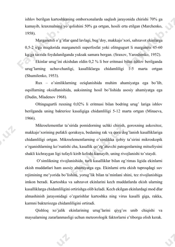 igida ekinlarni ekish muddatlari ham asosiy ahamiyatga ega. ekinlarni erta ekish tuproqdagi suv rejimining me’yorida bo’lishini, yorug’lik bilan ta’minlani shini, tez rivojlanishiga imkon beradi. kartoshka va sabzavot ekinlarini kech muddatlarda ekish ularning kasalliklarga chidamliligini ortirishga olib keladi. kech ekilgan ekinlardagi mod dlar almashinish jarayonidagi o’zgarishlar kartoshka ning virus kasalli giga, rakka, karmni bakteriozga chidamliligini ortiradi. qishloq xo’jalik ekinlarining urug’larini qiyg’os unib chiqishi va maysalarning zararlanmasligi uchun meteorologik faktorlarni e’tiborga olish kerak. ekinlarning turli kasalliklar bilan kasallanmasligda urug’lik larni va ko’chatlarni ekishga tayyorlash ham muhim agrotexnik tadbir hisoblanadi. bu tadbirlar urug’larni, tugunaklarni, piyozboshlarni, ko’chatlarni tozalash jarayonida ularning bir xil sifatda bo’lishini ta’minlaydi. mayda, yaxshi rivojlanmagan urug’lar, tugunaklar ekishda foydalanilmaydi. ekinlarni meyyorida sug’orish zarali organizmlar miqdorini keskin kamaytiradi. ekin qalinligi xam muxim agrotexnik tadbir xisoblanadi. agrotex nik usul qatoriga erga ishlov berish, ekish muddatlariga amal qilish, uvatlarni, bo’sh erlarni, partov joylarni yo’qotish, aldog’chi ekin ekish, sug’orish muddatlariga amal qilish, ekinlar qalinligi va …