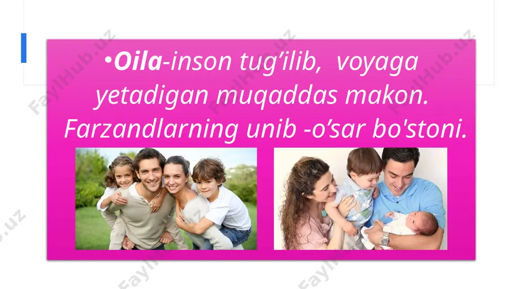 batlari sohasidagi ko'nikmalar bilan belgilanadi va quyidagi tarkibiy qismlardan iborat. iqtisodiy tayyorlik ijtimoiy mustaqillik oila va nikoh munosabatlarining ijtimoiy va huquqiy bilimlari oilaviy hayot uchun ma'naviy psixologik tayyor bo'lajak oila a'zolarini yuqori sifatli tayyorlash jihatlaridan biri-bo'lajak oila hayotidan xabardorlik darajasidir. bunday xabardorlik oila va nikoh haqidagi bilimlar majmuasi, oila va nikoh munosabatlari sohasidagi ko'nikmalar bilan belgilanadi va quyidagi tarkibiy qismlardan iborat: umumiy ijtimoiy axloqiy huquqiy psixologik fiziologik va gigienik pedagogik estetik iqtisodiy oilaviy hayotga tayyorgarlikning ontogenezdagi shakllanishi va rivojlanishi oilaviy hayotga tayyorgarlik aslida erta yoshda boshlanadi , oila va ota-ona xulq-atvor tasvirlarida bola rollar, erkaklar va ayollar o’rtasidagi munosabatlar haqida birinchi g’oyalarni oladi. hayotning ikkinchi yilidaoilaviy va ota-ona ijtimoiylashuvi boshlanadi, oilaviy muloqotda bola erkaklik ayollikning birinchi namunalarini qabul qiladi. ikki uch yoshda bola odatda o’z jinsini biladi, o’z “men” ini o’z va qarama-qarshi jinsdagi odamlarning g'oyalari bilan bog’lay boshlaydi. erkak va nazokatlixatti-harakatlar, avvalo, “ota-ona”, “qizi-ona” o'yinlarida oilaviy va ota-ona sifatida …