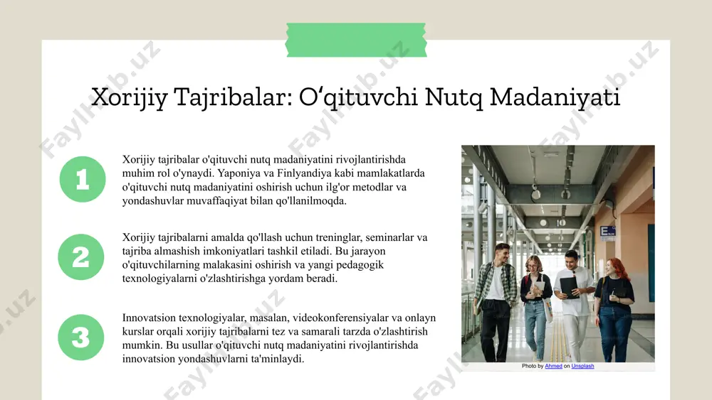 ning nazariy asoslari psixologik, lingvistik va pedagogik prinsiplarni o'z ichiga oladi. bu asoslar orqali nutq madaniyatining rivojlanishi uchun muhim shart-sharoitlar shakllanadi. nutq madaniyatini rivojlantirishda nazariy yondashuvlar muhim rol o'ynaydi. o'qituvchining nutq madaniyatini oshirish uchun til, muloqot va pedagogika sohasidagi bilimlar, strategiyalar va amaliy ko'nikmalarni egallash zarur. samaradorlik mexanizmlarini amalda qoʻllashning ahamiyati muhim. bu, o'qituvchilarga nutq madaniyatini rivojlantirishda amaliy yondashuvlar va metodlarni qoʻllash imkonini beradi. o'qituvchilar uchun tavsiyalar: nutqni aniqlik va ravonlik bilan ifodalash, tinglovchilar bilan muloqotni rivojlantirish, zamonaviy texnologiyalar va interaktiv usullardan foydalanish, shuningdek, doimiy mashq qilish muhim. amaliy strategiyalar: nutqni to'g'ri va tushunarli qilish, tinglovchilar bilan samarali aloqada bo'lish, nutq madaniyatini oshirish uchun muntazam treninglar o'tkazish va o'zaro fikr almashishni tashkil etish. samaradorlik mexanizmlarini amalda qoʻllash tajribalarni amaliyotga joriy qilish jarayoni tajribalarni muvaffaqiyatli joriy etish uchun o'qituvchilarni keng qamrovli tayyorgarlikdan o'tkazish muhimdir. bu bosqichda metodik ko'nikmalar va yangi texnologiyalar tushuntiriladi. tajribalarni tanlashda muhit va maqsadga mosligi, shuningdek, o'qituvchilarning tayyorgarligi, …