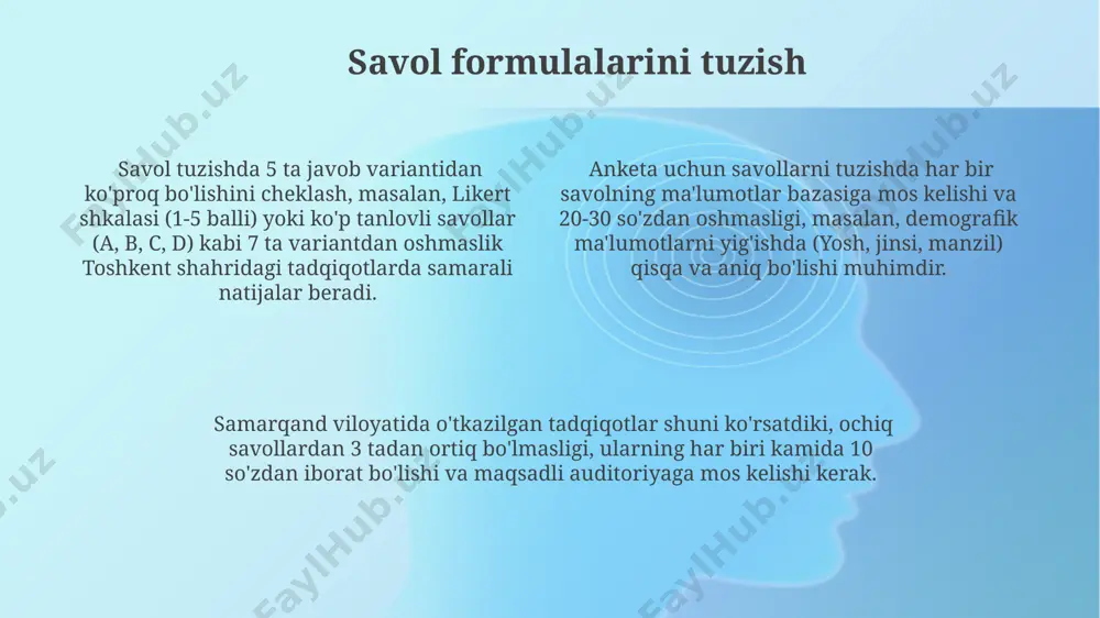 viloyatidan olingan 250 ta javobni demografik o'zgaruvchilar (yosh, jinsi, ta'lim darajasi) bo'yicha guruhlash va har bir guruh uchun o'rtacha ballarni hisoblash orqali tahlil qilinadi. toshkent shahridagi 500 nafar talaba orasida o'tkazilgan so'rovnomalar natijalarini frekventsiya jadvallari va chi-kvadrat testi yordamida statistik jihatdan tahlil qilish ko'zda tutilgan. so'rovnomaning uzunligini belgilash so'rovnoma uzunligini belgilashda, har bir savolga javob berish uchun o'rtacha 1-2 daqiqa vaqt ketishini hisobga olib, 20 ta savollik so'rovnoma samarqand viloyati aholisi uchun juda uzoq va zerikarli bo'lishi mumkin. so'rovnomaning optimal uzunligi, respondentlarning javob berishga bo'lgan vaqtini va diqqatini hisobga olgan holda, 5-10 daqiqadan oshmasligi kerak, aks holda 30% dan ortiq javoblar to'liq bo'lmaydi. 15 ta savoldan ortiq bo'lgan so'rovnomalar, ayniqsa, murakkab savollar bilan, toshkentdagi kabi yirik shaharlarda ham respondentlarning bezovtalanishiga va to'liq ishtirok etishdan bosh tortishlariga olib kelishi mumkin. javob variantlarini shakllantirish respondentlar uchun tushunarli bo'lishi uchun javob variantlari aniq va qisqa, 2-3 so'zdan oshmasligi kerak. masalan, "ha", "yo'q", "bilmayman" …