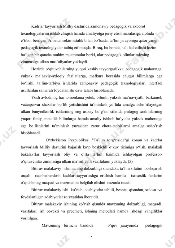 r tahlili, beshta qismdan, xulosa va foydalanilgan adabiyotlar ro‘yxatidan iboratdir. bitiruv malakaviy ishining ko’rish qismida mavzuning dolzarbligi, maqsadi, vazifalari, ish obyekti va predmeti, ishning metodlari hamda ishdagi yangiliklar yoritilgan. mavzuning birinchi bandida o‘quv jarayonida pedagogik texnologiyalardan foydalanishning ilmiy-metodik asoslari yoritilgan, ikkinchi bandida o‘quv fani va uni o‘qitishning o‘ziga xos xususiyatlariga muvofiq bo‘lgan pedagogik texno-logiyalarni tanlash yoritilgan, uchunchi bandida yerga asosiy ishlov berish mashinalari ma’ruza mashg‘ulotining ta’lim texnologiyasi modeli va texnologik haritasi ishlanmasini o‘qitishning faol usullari asosida ishlab chiqilgan, to‘rtinchi bandida yerga asosiy ishlov berish mashinalari mavzusini modul texnologiyasi asosida o‘qitish tahlili berilgan, beshinchi bandida yerga asosiy ishlov berish mashinalari darsida zamonaviy pedtexnologiyalardan foydalanish usullari yoritib berilgan. yangi texnika va texnologiyalarni o‘zlashto’rish va tadbiq etishga qobilyatli, qabul qilinayotgan qarorlarga ongli munosabatda bo‘ladigan va javobgarlik hissini seza oladigan ijodiy faol, malakali raqobatbardosh kadrlarni tayyorlashlash muommosining dolzarbligi bitiruv malakaviy ishimiz mavzusini ixtisoslik o‘quv fanlarini yangi pedagogik texnologiyalar asosida o‘qitish (“don ekinlarini o‘rib-yig‘ib olish …