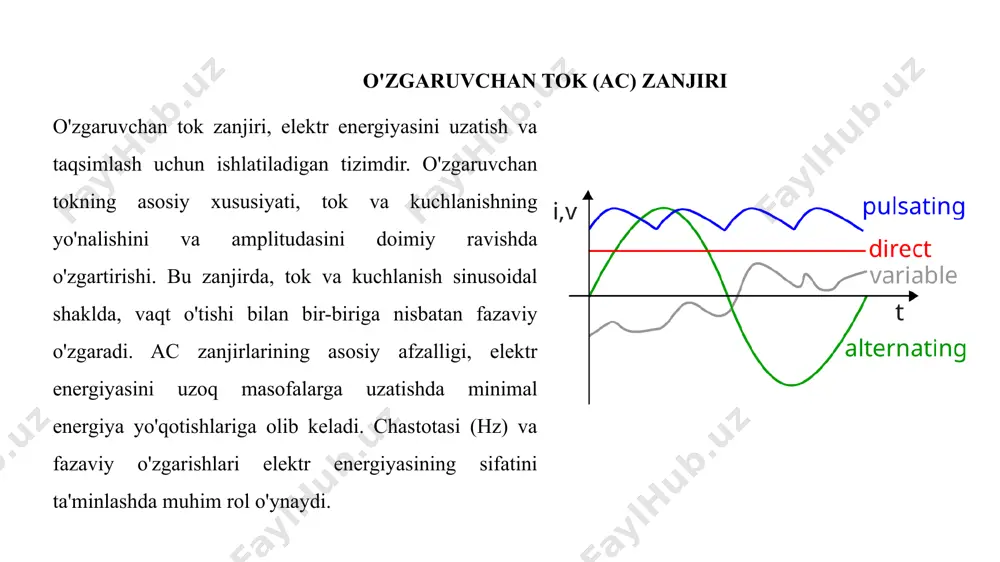 shi tufayli zanjirda isish va tokning kamayishiga olib keladi. reaktiv qarshilik esa energiyani faqat saqlaydi va qaytaradi, energiya yo'qotilmasdan tokning fazasi o'zgartiriladi. aktiv qarshilik faqat to'liq energiya yo'qotilishiga olib keladi, reaktiv qarshilik esa energiyani faqat zanjirga qaytaradi, lekin tizimning u aktiv va reaktiv qarshiliklarning farqi impedans (z) impedans (z) - bu o'zgaruvchan tok zanjirida qarshilikni ifodalovchi o'lchovdir. impedans aktiv qarshilik (r) va reaktiv qarshilikning (x) kombinatsiyasidan iborat bo'lib, zanjirdagi umumiy qarshilikni ko'rsatadi. impedans zanjirdagi tokni boshqarishda muhim rol o'ynaydi va u tokning fazasini o'zgartiradi. impedansning hisoblanish formulasi: bu formula orqali zanjirning umumiy qarshiligini aniqlash mumkin, bu esa tokni tahlil qilish va tizim samaradorligini optimallashtirish uchun muhimdir. aktiv qarshilikning ta'siri aktiv qarshilikning eng katta ta'siri energiyaning issiqlikka aylanishi va zanjirdagi energiya yo'qotilishiga olib kelishidir. zanjirdagi qarshilikning ortishi tokni kamaytiradi va elektr tizimlarida isish jarayonlariga olib keladi. bu esa elektr qurilmalarning samaradorligini pasaytirishi mumkin. aktiv qarshilikning kuchayishi tizimda umumiy energiya samaradorligini kamaytiradi …