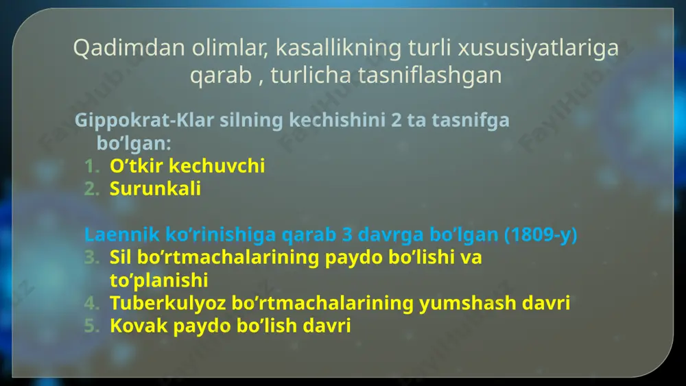 lig‘lanish parchalanish tarqalish b so‘rilish zichlashish chandiqlanish qotish bk (+) bemor tashqi muhitga bakteriyalar ajratadi bk (-) bemor tashqi muhitga bakteriyalar ajratmaydi bakteriya ajratishiga ko’ra sil asoratlari qon tuflash va o‘pkadan qon ketishi spontan pnevmotoraks o‘pka yurak yetishmovchiligi atelektaz amiloidoz oqma yaralar nafas olish aʼzolaridagi: fibrozli fibroz-o‘choqli bullyoz-distofik kalsinatli o‘pka va limfa tugunlari plevropnevmoskleroz sirroz amaliyotdan keyingi xolat boshqa a’zolardagi: a’zolarda chandiqlar hosil bo’lishi a’zolarda kalsinatsiyalanishlar a’zolarda ohaklanishlar e’tiboringiz uchun tashakkur image3.jpg image4.png image7.png image2.png image8.png image9.png image10.png image11.png image12.png image5.jpg image13.png image6.png image14.png image15.png image16.png image17.png