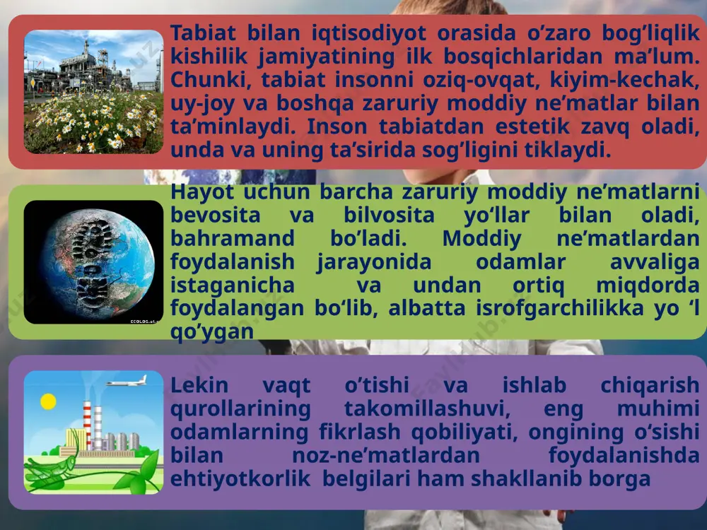 noma’qul hodisalar o’lkada antropogen cho’llashishning rivojlanishga sabab bo’lmoqda cho’llashish odatda cho’l sharoitida biologik mahsuldorlikning keskin kamayib ketishi bilan bog’liq. haqiqatdan ham hududda yaylov, sug’orma yerlar, suv havzalarining me’yordagi biologik mahsuldorligi 60-yillardan boshlab keskin pasayish yo’nalishiga o’tdi. bu o’z navbatida iqtisodiy samaradorlikning eng quyi ko’rsatkichlargacha tushib ketishiga olib kelmoqda. boz ustiga orol dengizining qurigan qismidan shamol ta’sirida tuz kukunlarining beto’xtov yog’ilib turishi (har ga maydonga 100-1000 kg), amudaryo suvi orqali tuzlarning dalalarga yotqizilishi (har ga maydonga 9-24 t gacha), suv tanqisligi, aholining ichimlik suvi bilan ta’minlash darajasining kamligi, turli kasalliklarning keng tarqalganligi va boshqalar tabiatning jamiyatdan “o’ch” olayotganini bildiradi. www.arxiv.uz barcha ijtimoiy hayot, ishlab chiqarish, inson va uning ongi tabiiy borliq asosida mavjud va tabiat qonunlariga amal qiladi. tabiat va jamiyat bir butun matyeriyaning o’zaro chambarchas aloqadagi ikki qismi bo’lib, ular rivojlanishida umumiylik va o’ziga xos hislatlar mavjud. tabiat bilan jamiyat o’rtasidagi o’zaro munosabatlarning keskinlashish sababi boylik ketidan quvish, “oltin sarobi” …