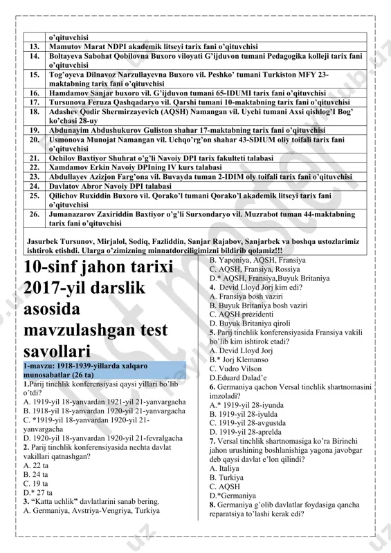 ani pedagogika kolleji tarix fani o’qituvchisi 15. tog’oyeva dilnavoz narzullayevna buxoro vil. peshko’ tumani turkiston mfy 23-maktabning tarix fani o’qituvchisi 16. hamdamov sanjar buxoro vil. g’ijduvon tumani 65-idumi tarix fani o’qituvchisi 17. tursunova feruza qashqadaryo vil. qarshi tumani 10-maktabning tarix fani o’qituvchisi 18. adashev qodir shermirzayevich (aqsh) namangan vil. uychi tumani axsi qishlog’i bog’ ko’chasi 28-uy 19. abdunayim abdushukurov guliston shahar 17-maktabning tarix fani o’qituvchisi 20. usmonova munojat namangan vil. uchqo’rg’on shahar 43-sdium oliy toifali tarix fani o’qituvchisi 21. ochilov baxtiyor shuhrat o’g’li navoiy dpi tarix fakulteti talabasi 22. xamdamov erkin navoiy dpining iv kurs talabasi 23. abdullayev azizjon farg’ona vil. buvayda tuman 2-idim oly toifali tarix fani o’qituvchisi 24. davlatov abror navoiy dpi talabasi 25. qilichov ruxiddin buxoro vil. qorako’l tumani qorako’l akademik litseyi tarix fani o’qituvchisi 26. jumanazarov zaxiriddin baxtiyor o’g’li surxondaryo vil. muzrabot tuman 44-maktabning tarix fani o’qituvchisi jasurbek tursunov, mirjalol, sodiq, fazliddin, sanjar rajabov, sanjarbek va …