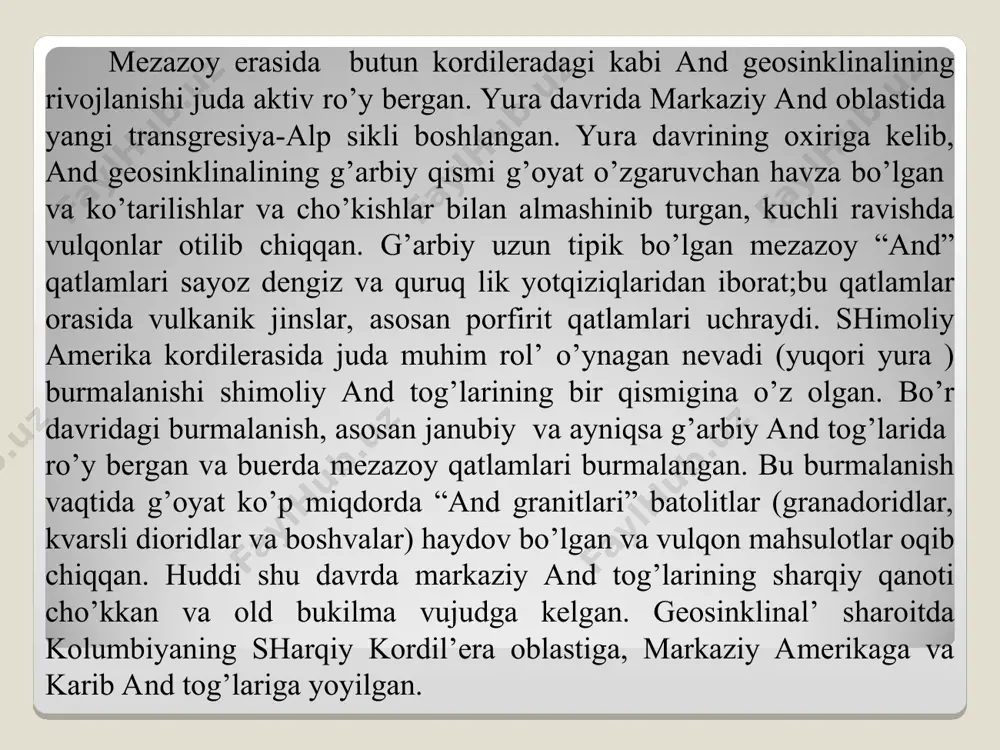 a platformasining eng qadimgi yadrolari arxey erasida paydo bo’lgan. bu qadimiy burmali negizning (baozi komplekslarning yoshini 2,5 mld. yil deb xisoblaydilar) ko’tarilib qolgan joylarni xozirgi vaqtda uchta yirik qalqon: gviana qalqoni, markaziy (yoki g’arbiy) braziliya qalqoni va aftidan, birmuncha yosh sharqiy braziliya (atlantika bo’yi) proterozoy qalqoni vujudga keltirgan. paleozoyning boshidan janubiy amerika platformasi afrika palaxsasi bilan qo’shilgan, g’arbda esa xozirgi and tog’ tizmalariga qadar yetib borgan. bu vaqtda esa hozirgi and tog’ tizmalari o’rnida markaziy va shimoliy amerika kordil’eralari geosinklinalining davomi bo’lgan juda katta and geosinklinalp oblasti mavjud bo’lgan. and oblastidagi orogenik harakatlar natijasida platformaning g’arbiy chekkasida palaxsasimon ko’tarilishlar ro’y bergan va argentinaning shimoli-g’arbidagi pampa s’errasi tog’lari vujudga kelgan. platformaning janubiy chekka qismi buenos ayresdan janubrokdagi s’erra-delp-tandilp massivida ko’tarilib turadi. janubdan platformani ajratib turgan “gondvanidlar” harakatchan zonasi o’rab olgan. mezozoy erasida butun kordil’eralardagi kabi and geosinklinalining rivojlanishi ham juda aktiv ro’y bergan. yura davrida markaziy and obastidan transgressiya - alpp …