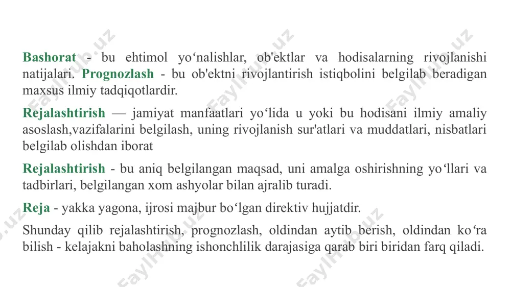 jlantirish rejalari; iqtisodiyotning alohida boʻgʻinlar (korxona, boʻlimlar, mahsulot) prognozlari prognozlashtirish maqsadlari tendensiyalarni miqdoriy va sifatiy tahlil qilish iqtisodiyotning rivojlanishini oldindan koʻra bilish iqtisodiyotdagi jarayonlarga aktiv ta'sir etish va imkoniyatlarini baholash 12 berilgan ma'lumotlarning toʻliq emasligi model elementlarining bir turga mos emasligi chiziqli modeldan chetga chiqishlar optimallikdan chetlanishlar optimallik mezonlaridan chetga chiqishlar ishlab chiqarishni tashkil etish samaradorligiga, baholash tizimi,nazorat va ragʻbatlantishga bogʻliqlik prognoz va faktlarining mos kelmaslik sabablari ijtimoiy-iqtisodiy prognozlash obektlari ijtimoiy-iqtisodiy prognozlash jamiyatni rivojlantirish tendensiyasining har tomonlama tahlilini, bu tendensiyani baholashni oʻz ichiga oladi, hamda jamiyat boyliklari strukturasini baholaydi va quyidagilarni nazarda tutadi: jamiyat ijtimoiy tuzilishining oʻzgarishini, mehnat xarakteri oʻzgarishi taqsimoti nisbatlarining prognozlarini hisobga olgan holda, jamiyatni rivojlantirishning umumiy ijtimoiy muammolarini; iste'mol, daromad prognozlarini, iste'mol tuzilmasini, tibbiy va ijtimoiy ta'minotni, turmush madaniyatini hisobga olgan holda milliy farovonlik muammolarini; milliy iqtisodiѐtni rivojlantirishning ijtimoiy muammolarini; ijtimoiy-demografik va hududiy ijtimoiy muammolarni; ijtimoiy-iqtisodiy prognozlash masalalari fan-texnika taraqqiѐtini joriy qilishning ijtimoiy samaradorligi prognozlarini hisobga olgan …