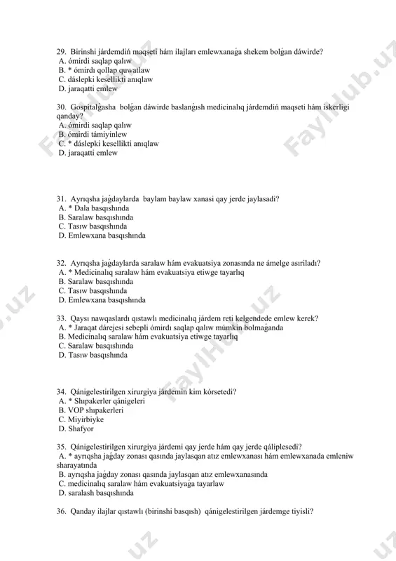 kem bolǵan dáwirde? a. * ómirdi saqlaw b. ómirdi támiyinlew c. dáslepki kesellikti anıqlaw d.jaraqatti emlew 29. birinshi járdemdiń maqseti hám ilajları emlewxanaǵa shekem bolǵan dáwirde? a. ómirdi saqlap qalıw b. * ómirdı qollap quwatlaw c. dáslepki kesellikti anıqlaw d. jaraqatti emlew 30. gospitalǵasha bolǵan dáwirde baslanǵısh medicinalıq járdemdiń maqseti hám iskerligi qanday? a. ómirdi saqlap qalıw b. ómirdi támiyinlew c. * dáslepki kesellikti anıqlaw d. jaraqatti emlew 31. ayrıqsha jaǵdaylarda baylam baylaw xanasi qay jerde jaylasadi? a. * dala basqıshında b. saralaw basqıshında c. tasıw basqıshında d. emlewxana basqıshında 32. ayrıqsha jaǵdaylarda saralaw hám evakuatsiya zonasında ne ámelge asıriladı? a. * medicinalıq saralaw hám evakuatsiya etiwge tayarlıq b. saralaw basqıshında c. tasıw basqıshında d. emlewxana basqıshında 33. qaysı nawqaslardı qıstawlı medicinalıq járdem reti kelgendede emlew kerek? a. * jaraqat dárejesi sebepli ómirdı saqlap qalıw múmkin bolmaǵanda b. medicinalıq saralaw hám evakuatsiya etiwge tayarlıq c. saralaw basqıshında d. tasıw basqıshında …