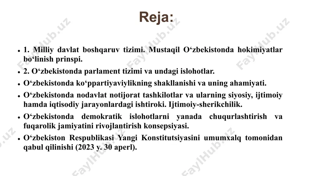 i talofat va qurbonlarsiz o‘tish davrini boshidan kechirdi islom karimov tahlikali, o‘zbekistonga tashqi xavflarning kuchaygan davrida ham mamlakat ichkarisida tinchlik va barqarorlikni o‘rnatdi 7 o’zbekiston tarixi 1991 - yil 29 dekabr kuni muqobyillik asosida o’zbekiston respublikasi prezidenti salovi bo’lib o’tdi. prezidentlikka nomzod i.karimov uchun ovoz berishda qatnashganlarning 86 foizi ovoz berdi. markazi salov komissiyasi salov yakunlarini ko’rib chiqib, i.a.karimovni 1991 - yil 29 dekabrdan o’zbekiston respublikasining prezidenti lavozimiga saylangan, deb xisoblashga qaror qildi. 1. 1991 yil 5-sentabr lenin maydoniga “mustaqillik maydoni” nomi berildi 2. 1992 yil 8-dekabr oliy kengashning xii chaqiriq xi sessiyasida 6 bo’lim, 26 bob, 128 moddadan iborat konstitutsiyamiz qabul qilindi 3. 1991 yil 18 noyabr “o’zbekiton respublikasi prezidentligiga saylov to’g’risida qonun” qabul qilindi 4. 1991, 2000, 2007, 2015, 2016 yillarda o’zbekiston prezidentligiga saylovlar bo’lib o’tdi 9 o‘zbekistonda davlat boshqaruv tizimi qonun chiqaruvchi hokimiyat prezident har uch yo‘nalishdani davlat hokimiyatining faoliyatlarini muvofiqlashtirib turadi ijro etuvchi hokimiyat sud hokimiyati …
