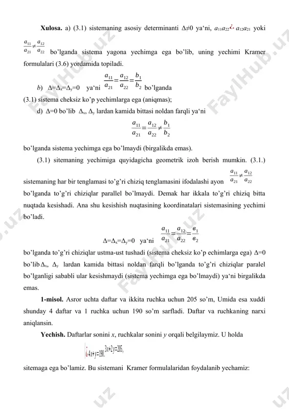 ib yechimni , (3.8) ko’rinishda yozamiz. =k deb belgilasak z=кbo’lib uni (3.8) ga qo’ysak х=к у=-к z=к (3.9) qaralayotgan sistemaning yechimlari kelib chiqadi. (3,7) sistemaning yechimiga qo’yidagicha geometrik izoh berish mumkin. sistemaning har bir tenglamasi koordinatalar boshidan o’tuvchi tekislik tenglamasini ifodalaydi. tekisliklarning har ikkitasi koordinatalar boshidan o’tganligi sababli ular kesishadi. ikkita kesishuvchi tekisliklar to’g’ri chiziq bo’ylab kesishadi. ana shu to’g’ri chiziq nuqtalarning koordinatalari sistemaning yechimi bo’ladi. xulosa. bir jinsli (3,7) sistema yagona yechimga ega bo’lishi yoki yechimga ega bo’lmasligi mumkin emas. u har doim cheksiz ko’p yechimlarga ega (aniqmas). 4–misol. sistema yechilsin. yechish. (3.9) ga asoslanib х=к=7к, у=-к=-7к, z=к=-7к larni hosil qilamiz. shunday qilib berilgan sistemaning yechimlari х=7к, у=-7к, z=-7k tengliklar yordamida aniqlanadi. к ga aniq son qiymatlarini qo’yib sistemaning har xil yechimlarini topamiz. uch noma‘lumli uchta chiziqli tenglamalar sistemasi. uch noma‘lumli uchta chiziqli tenglamalar sistemasi (3.10) ni qaraymiz. bu yerdagi х,у va z noma‘lum sonlar, qolgan barcha sonlar ma‘lum …