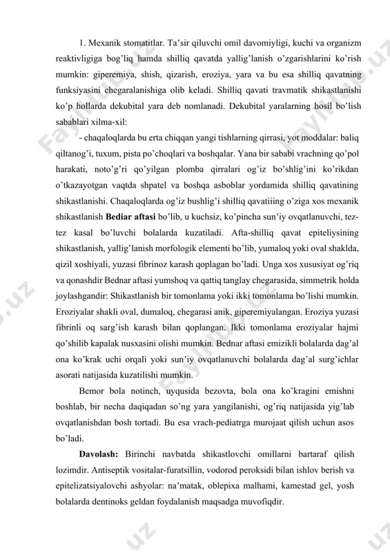 i. davolash: birinchi navbatda shikastlovchi omillarni bartaraf qilish lozimdir. antiseptik vositalar-furatsillin, vodorod peroksidi bilan ishlov berish va epitelizatsiyalovchi ashyolar: naʼmatak, oblepixa malhami, kamestad gel, yosh bolalarda dentinoks geldan foydalanish maqsadga muvofiqdir. profilaktikasi. mexanik stomatitlarda: tishlarni o’z vaqtida davolash, anomal tishlarni to’g’rilash, stomatolog ko’rigida yiliga ikki marta bo’lish, ovqatlanish qoidalariga rioya qilish, zararli odatlarni yo’q qilish, immunitetni ko’tarish maqsadga muvofikdir. bednar aftasi profilaktik chora-tadbirlari: yosh onalarda, homiladorlik vaqtidan bolani to’g’ri ovqatlantirish, umum va shaxsiy gigiyena qoidalari bilan tanishtirish, o’z vaqtida umumiy amaliyot shifokori ko’rigida bo’lishlarini tushuntirish ishlarini olib borishdan iboratdir. foydalaniladigan adabiyotlar: 1. m.n. muminova, m.a. maksumova «kasbiy etika va etiket», uslubiy qo’llanma, t.,2006. 2. i. a. karimov «istiqlol va ma’naviyat» t.,1994. 3. i. a. karimov «o’zbekiston buyuk kelajak sari» t.,1998. 4. n. e. muhammadiyev «kasb etikasi va estetik madaniyati»- toshkent,1998 y. 5. m. abdullayev, e. xakimov «vvedeniye v etiku»-namangan, 1998. 6. abdulla sher «axloqshunoslik» ma’ruzalar matni, toshkent, 2000 7. v.g. …